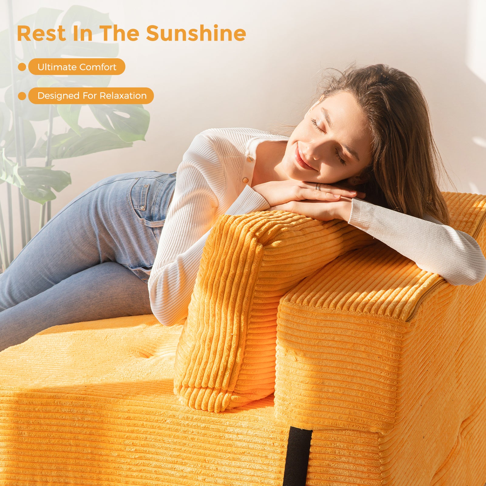 MAXYOYO Convertible Folding Sofa Bed with High Density Support Foam - Comfortable Sleeper Sofa for Small Spaces, Guest Room & Apartment Living - Orange Modern Futon for Living Room, Bedroom & Office