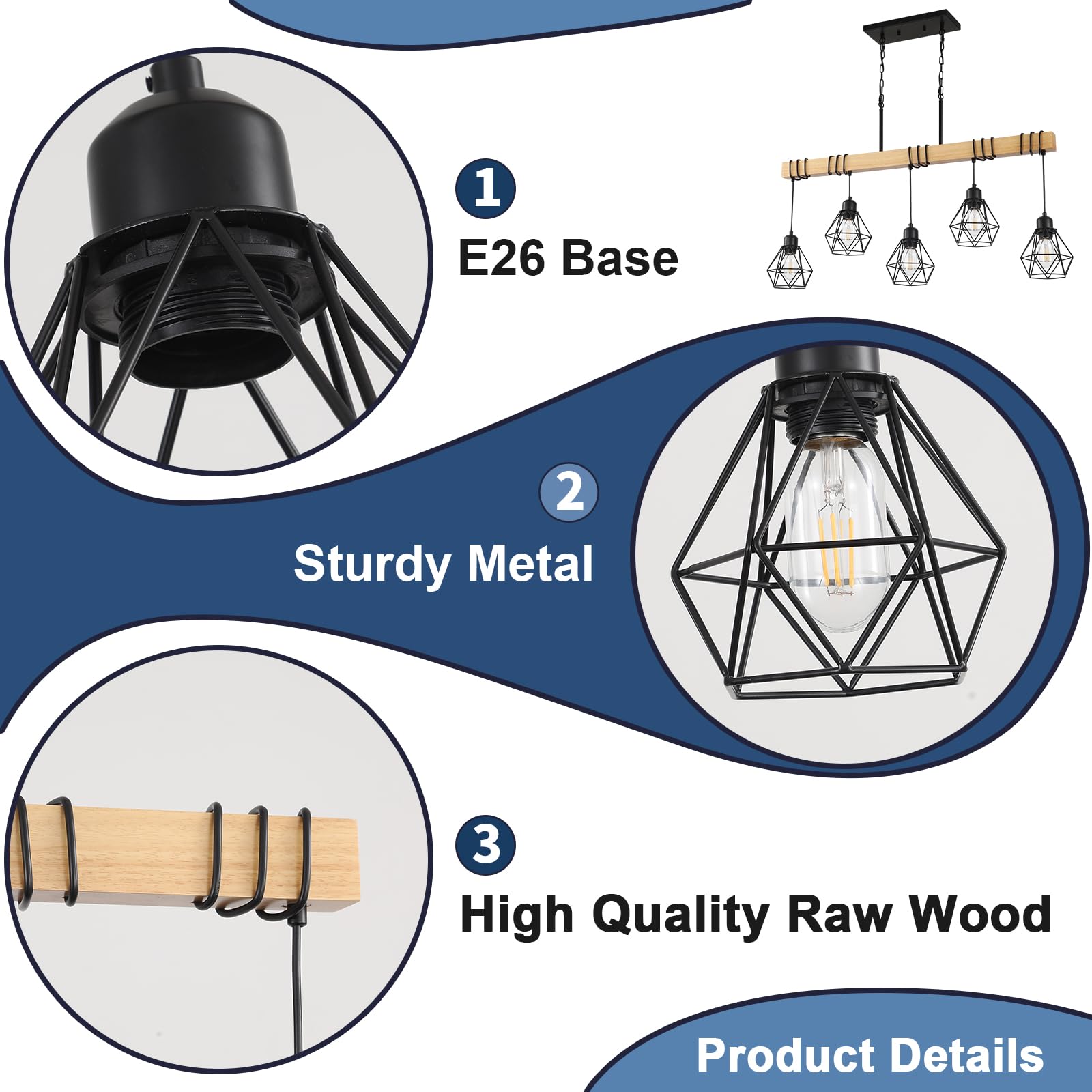 5-Light Modern Farmhouse Kitchen Island Chandelier - Black Rustic Wood Linear Pendant Light for Dining Room & Table - Perfect for Farmhouse, Rustic, and Modern Home Decor