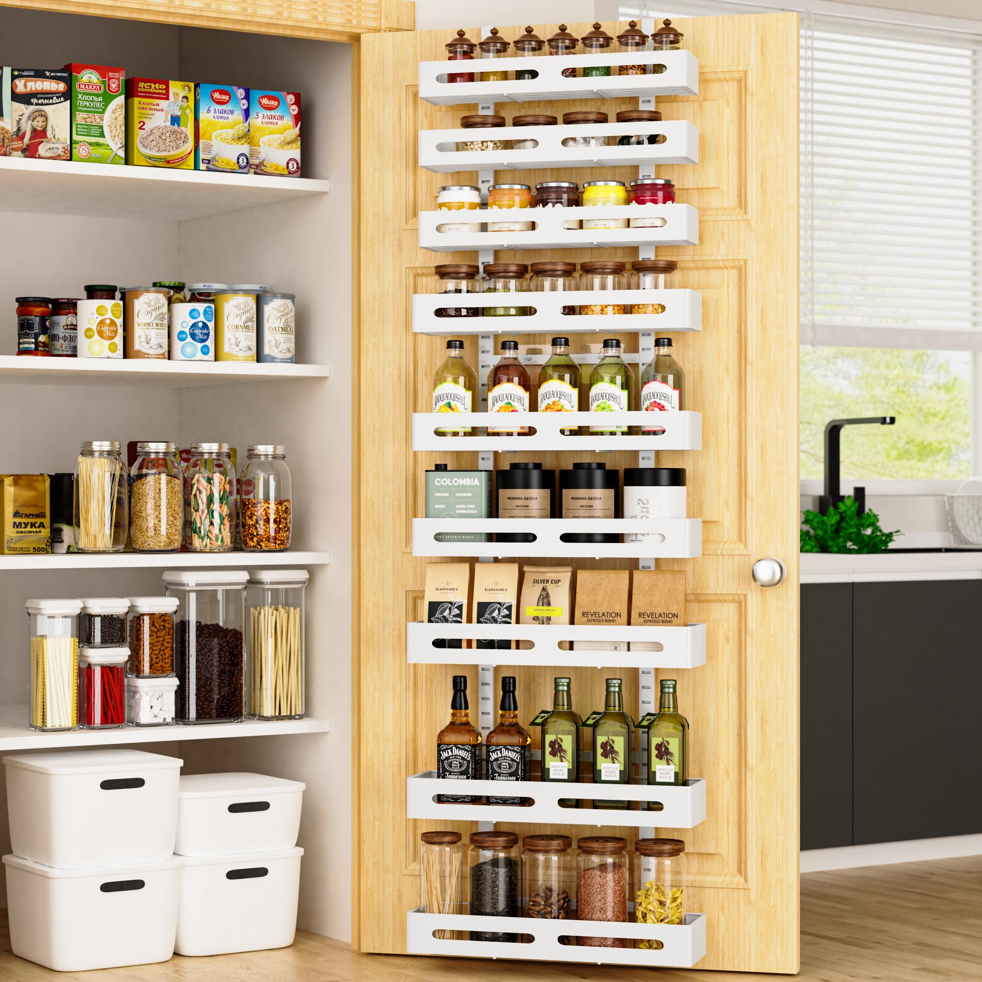 9-Tier White Over The Door Pantry Organizer - Metal Hanging Spice Rack Shelves for Kitchen, Bathroom & Laundry Room Storage - Space Saving Home Organization Solution for Spices, Toiletries & Cleaning Supplies