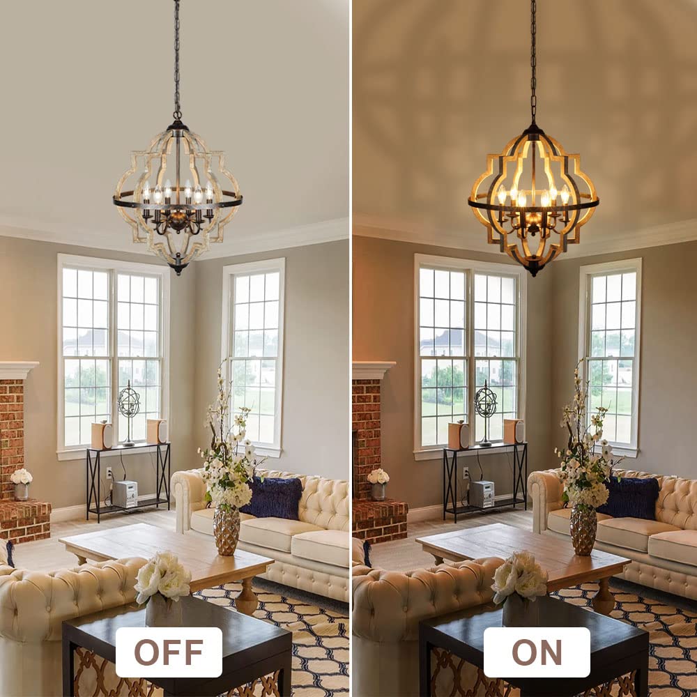 Orb 6-Light Farmhouse Chandelier with Stardust Finish - Rustic Vintage Wood Ceiling Light Fixture in Brown - 21.3 Inch Diameter - Perfect for Kitchen Island, Dining Room, Living Room & Entryway Lighting