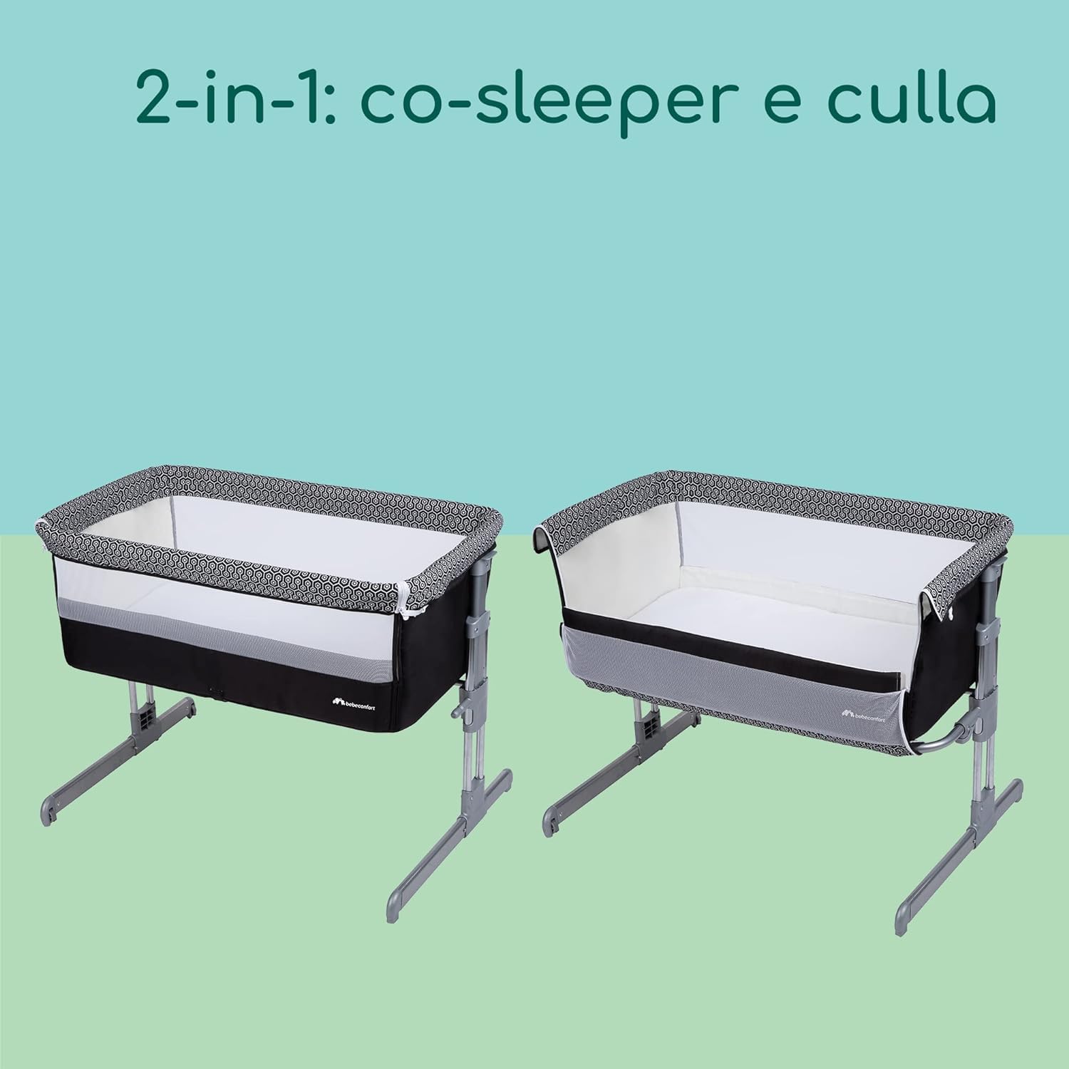 Bebeconfort Calidoo 2-in-1 Baby Crib & Co-Sleeper | 0-6 Months (0-9 kg) | Adjustable 5 Height Positions | Breathable Mesh Panels | Large Padded Mattress | Easy Open Side | Geometric Design | Perfect for Nursery & Bedroom Co-Sleeping