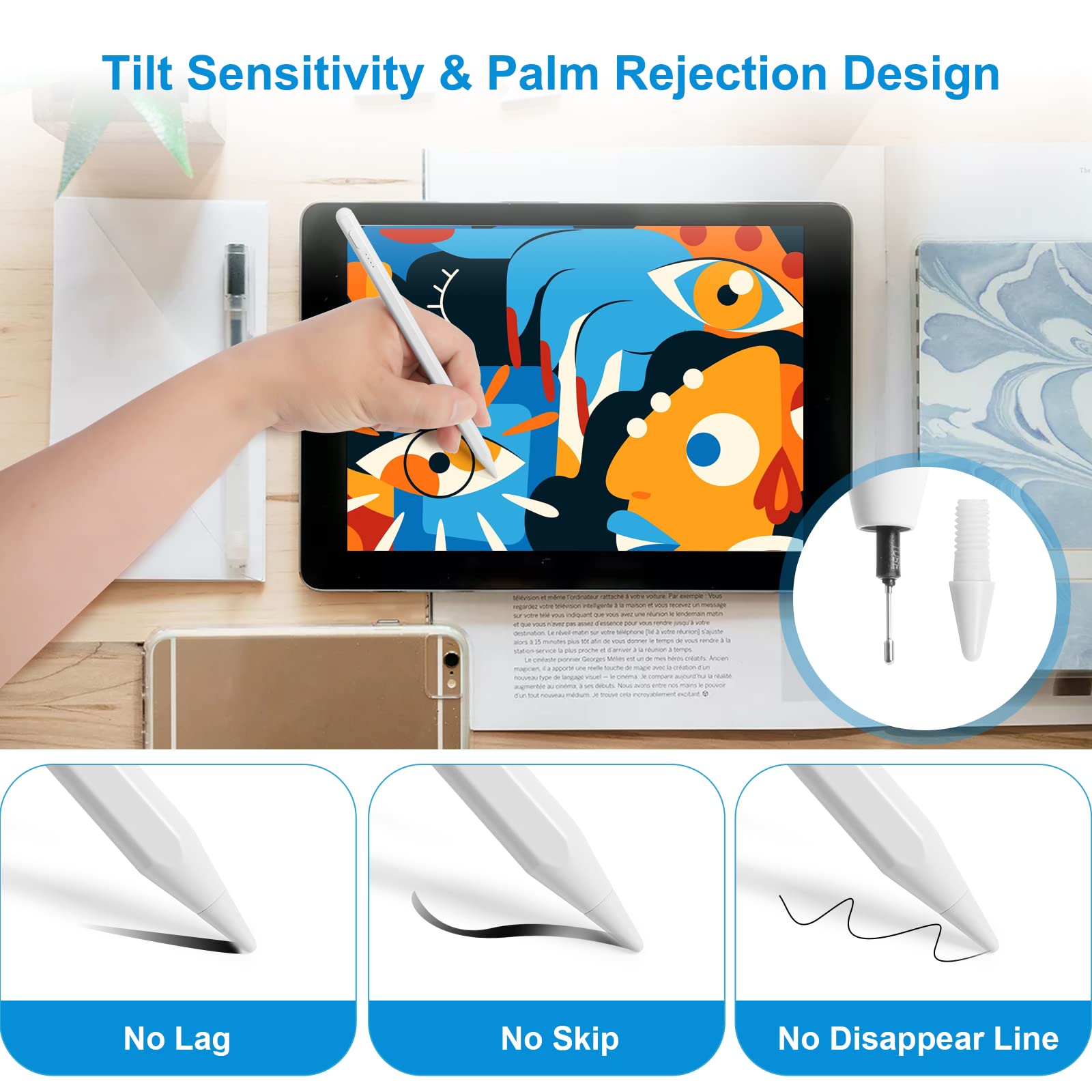 Premium Stylus Pen for iPad 9th & 10th Generation - Apple Pencil Alternative with Palm Rejection Technology, Compatible with 2018-2024 iPad Models (10/9/8/7 Gen, Pro 11/12.9, Air 5th Gen) - Cream White - Perfect for Digital Art, Note-Taking & Professional Design Work