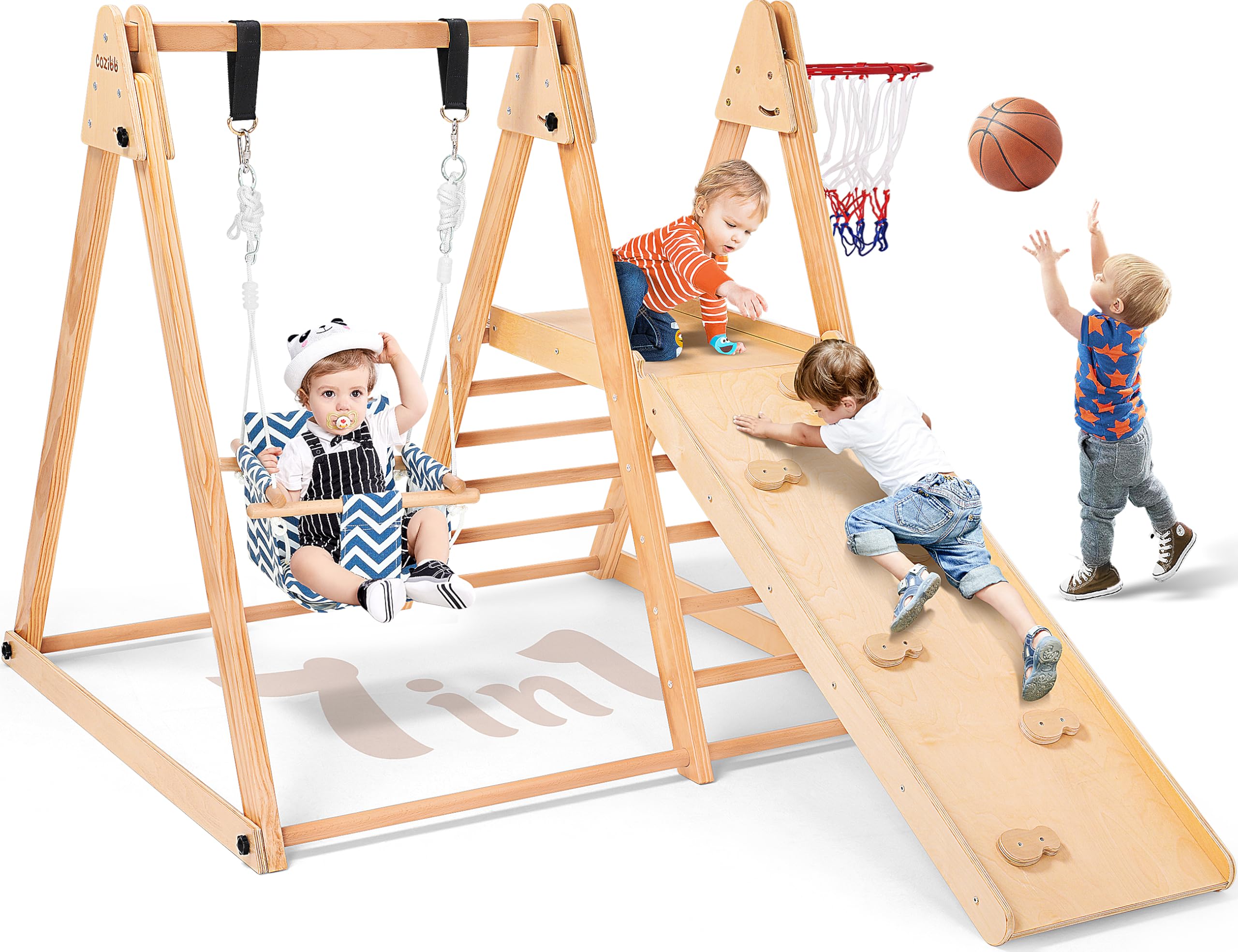 7 in 1 Foldable Indoor Jungle Gym for Toddlers & Kids - Beechwood Playground Set with Slide, Baby Swing, Climbing Wall & Ladder - Safe Wooden Climbing Toys for Indoor Play - Perfect Gift for Birthdays & Christmas (Wood Color) - Great for Home Playrooms, Daycares & Preschools