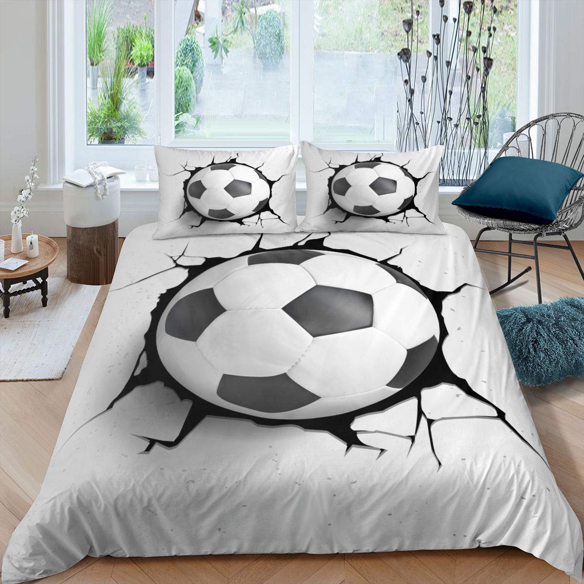 Twin Size Football Bedding Set - Soccer Duvet Cover & Sports Comforter Set for Teens & Boys | Black & White Soccer Theme Bedroom Decor | Perfect for Game Day, Sleepovers & Sports Enthusiasts