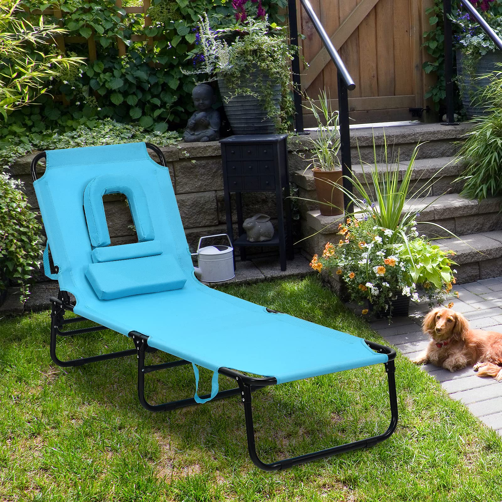 GYMAX Adjustable Folding Beach Lounge Chair - Reclining Sunbathing Chair with Face Hole for Patio, Poolside & Backyard Relaxation | Portable Outdoor Chaise Lounge for Vacation, Camping & Beach Days