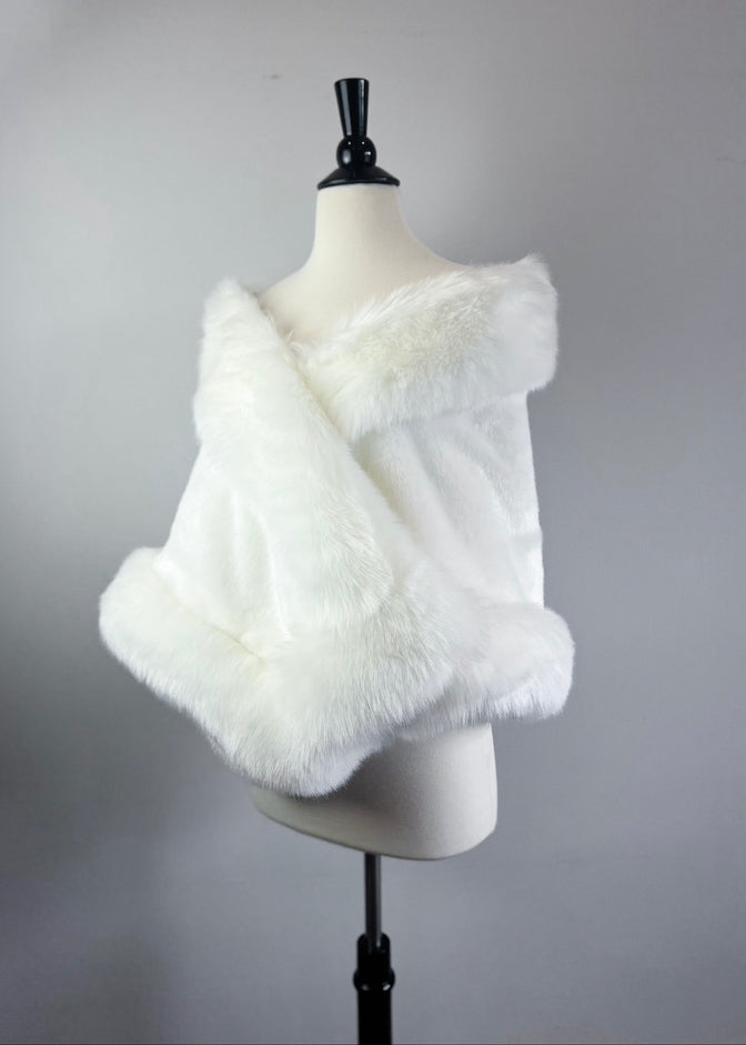 Ivory White Bridal Fur Shawl with Butterfly Embroidery - Elegant Wedding Shawl for Brides, Winter Weddings & Formal Events