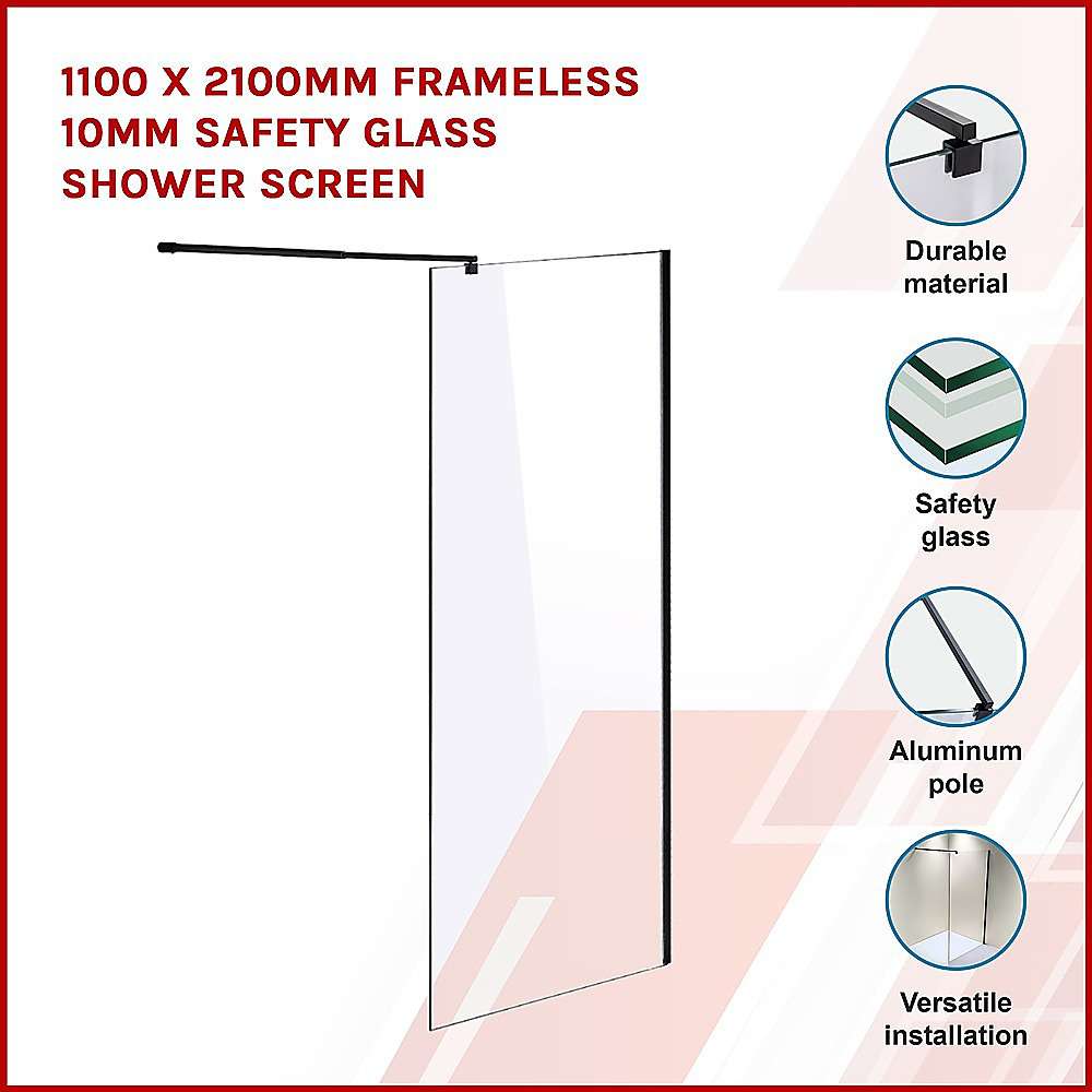 10mm Frameless Safety Glass Shower Screen 1000x2100mm - Modern Bathroom Upgrade for Walk-In Showers & Spa-Like Experience