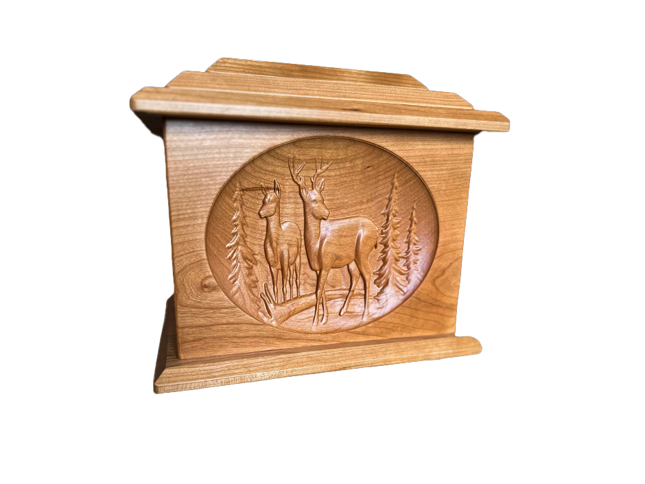 Hand Carved Cherry Wood Buck & Doe Urn - Extra Large Size for Pet Ashes - Perfect for Memorial Keepsakes and Home Decor