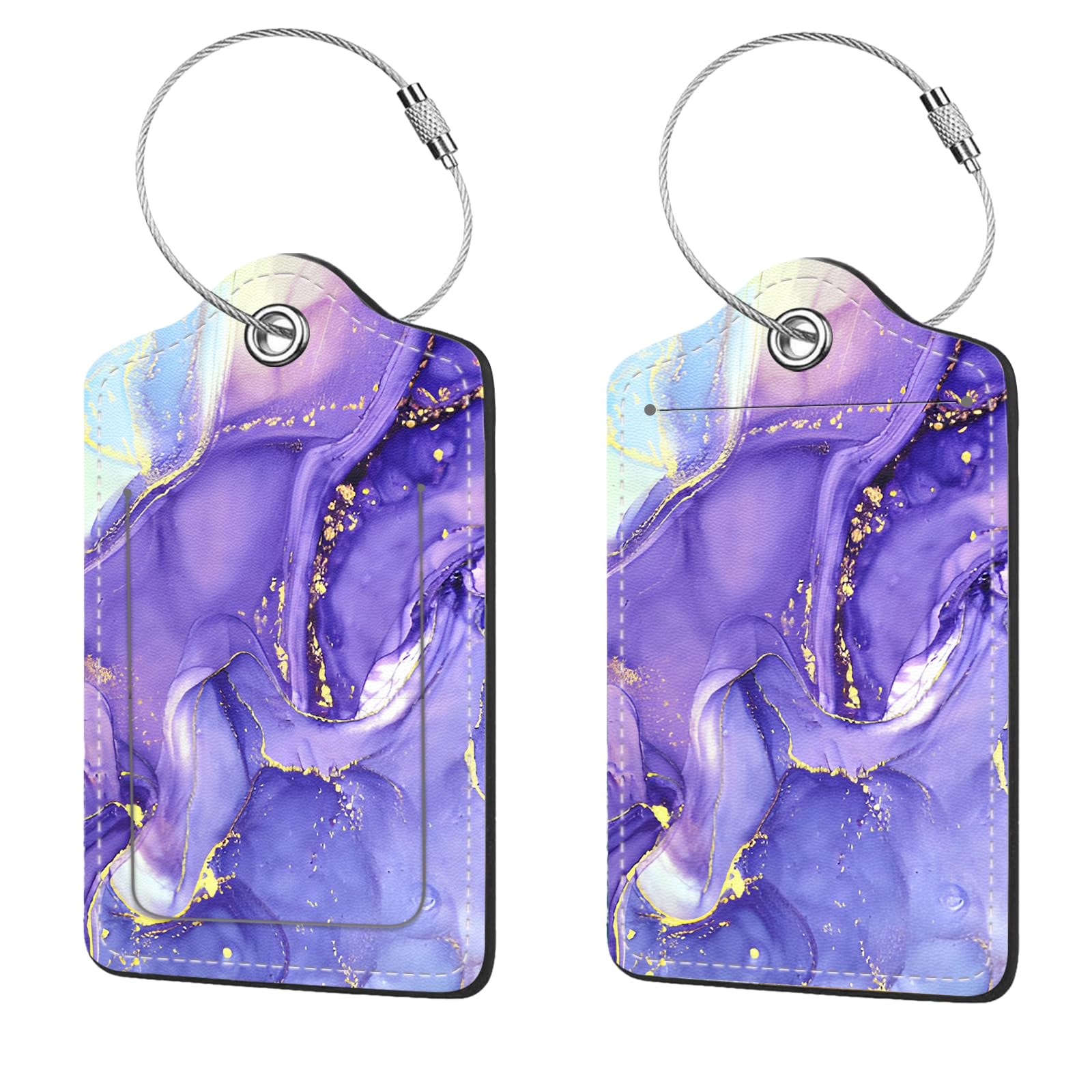 2 Pcs PU Leather Luggage Tags for Suitcases - Cute Unique Travel Bag Tags with Privacy Cover, ID Label & Durable Metal Ring - Perfect for Men, Women & Kids Backpacks (Purple Marble) | Ideal for Air Travel, Vacation & Business Trips