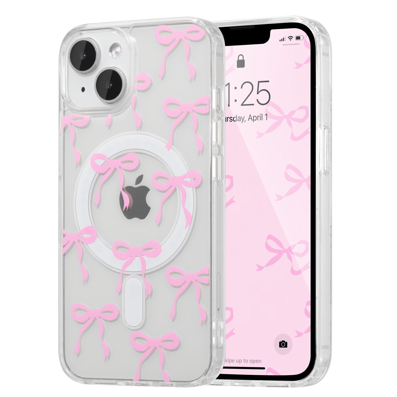 UEEBAI Magnetic Clear iPhone 15 Plus & 14 Plus Case with Bow Design - Slim Shockproof Protective Cover Compatible with MagSafe | Anti-Yellowing Wireless Phone Case for Women | Perfect for Everyday Use, Work & Travel - Pink