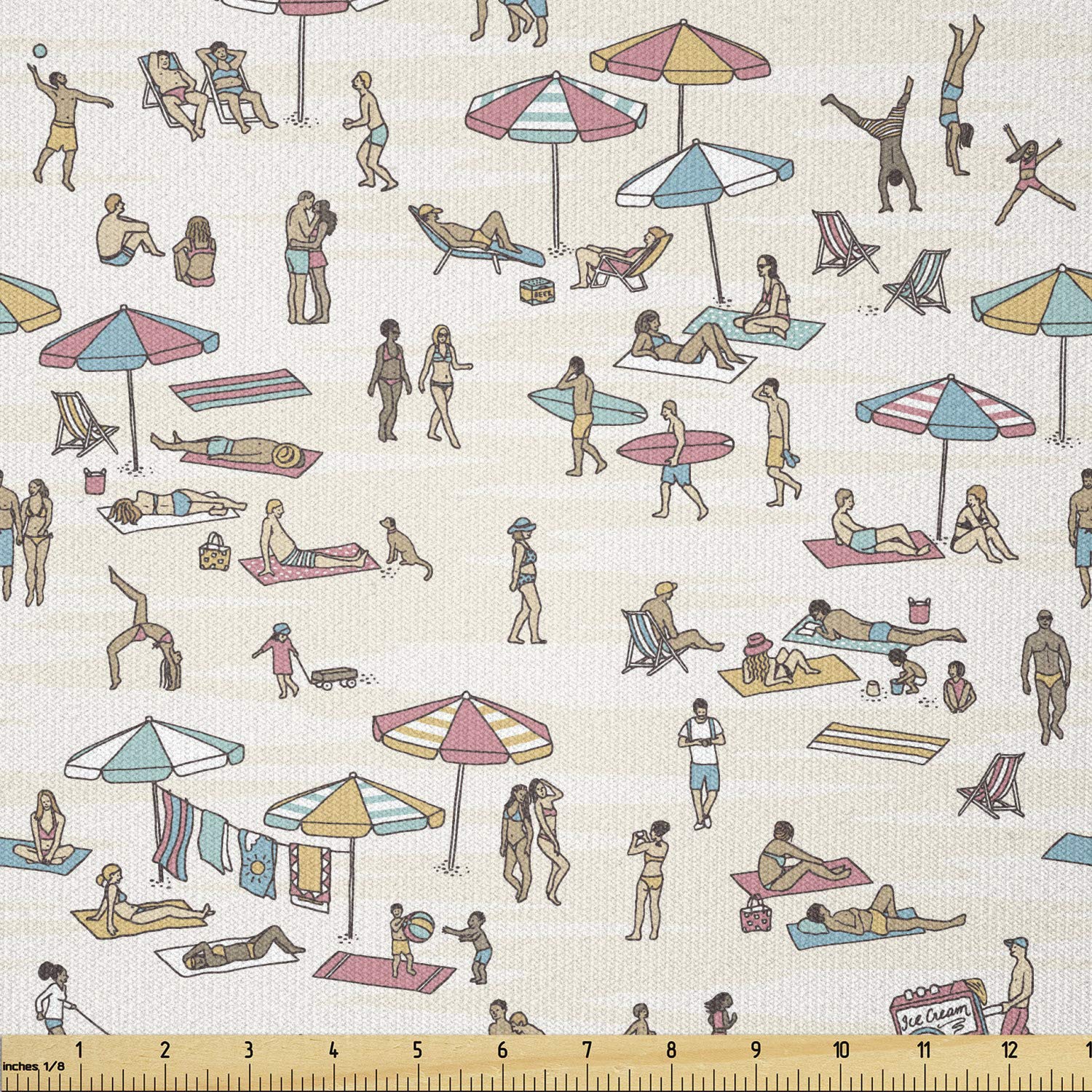 Lunarable Stretch Knit Fabric by The Yard - Holiday Beach Scene with People in Swimsuits Sunbathing, Coastal Ocean Graphic - 10 Yards Multicolor Fabric for Clothing Sewing, DIY Arts & Crafts - Perfect for Swimwear, Summer Dresses, and Home Decor Projects
