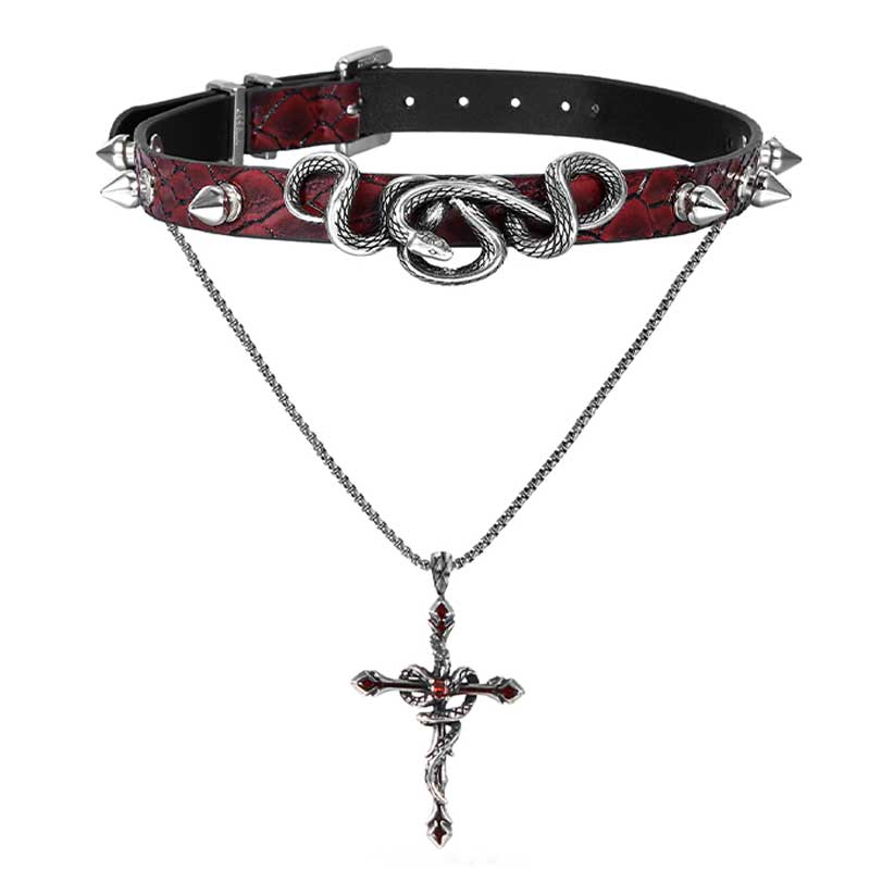 1STXULIE Serpent's Kiss Leather Choker - Gothic Punk Choker Necklace for Women, Adjustable Black Leather Choker with Snake Charm - Perfect for Halloween, Cosplay, and Alternative Fashion