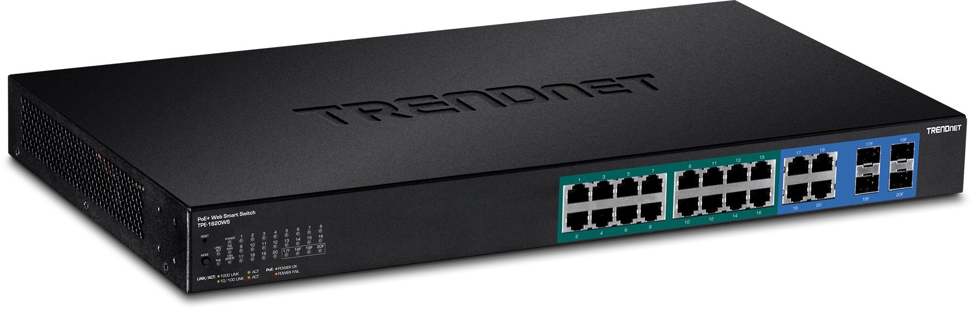 TRENDnet TPE-1620WS 16-Port Gigabit PoE+ Web Smart Switch with 2 SFP Slots, 30W per Port & 185W Power Budget - Rack Mountable Network Switch for Office, Home & Business Networking