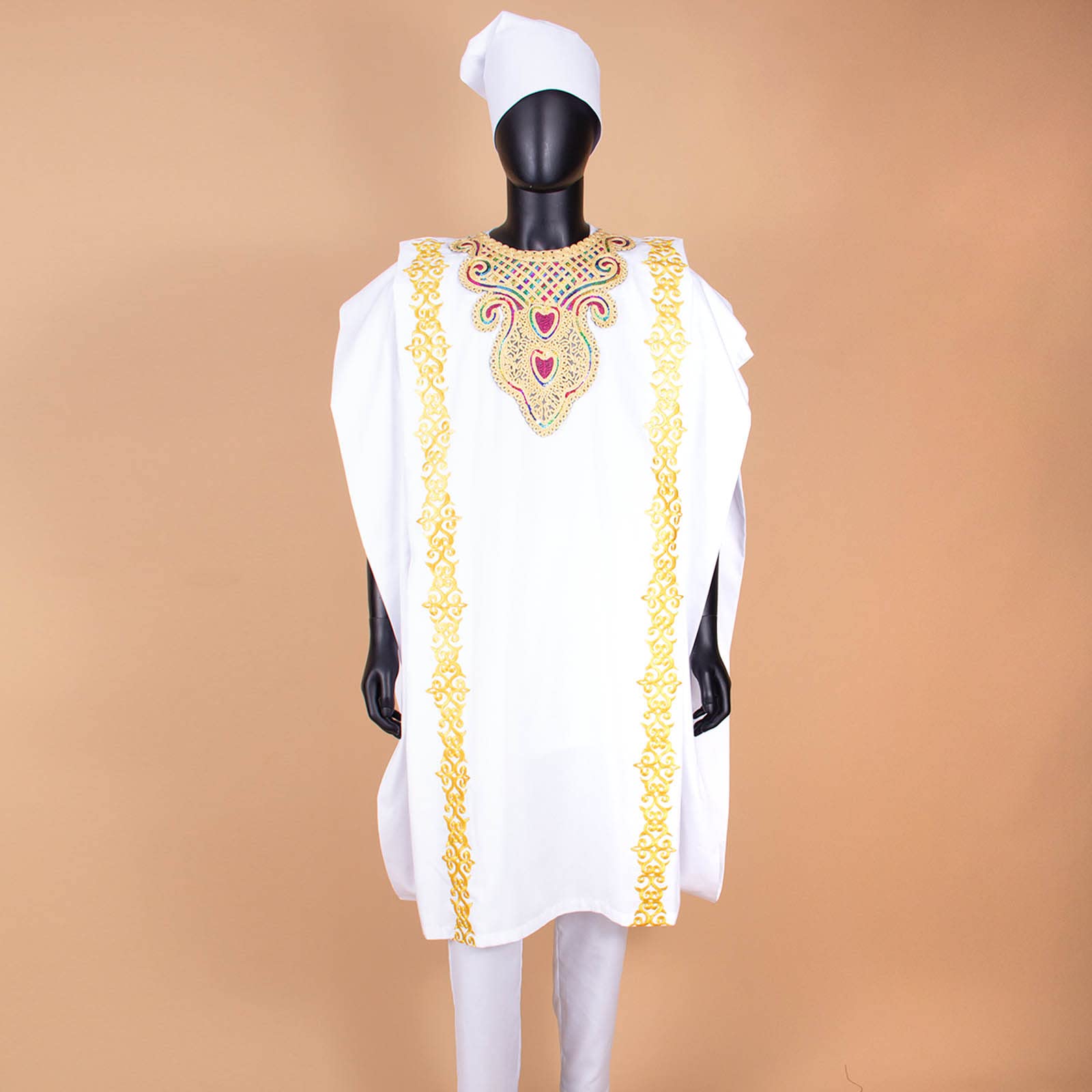 African Men's Embroidery Agbada 4-Piece Set - Traditional Wedding Attire with Shirt, Pants & Hat for Evening Ceremonies & Special Occasions