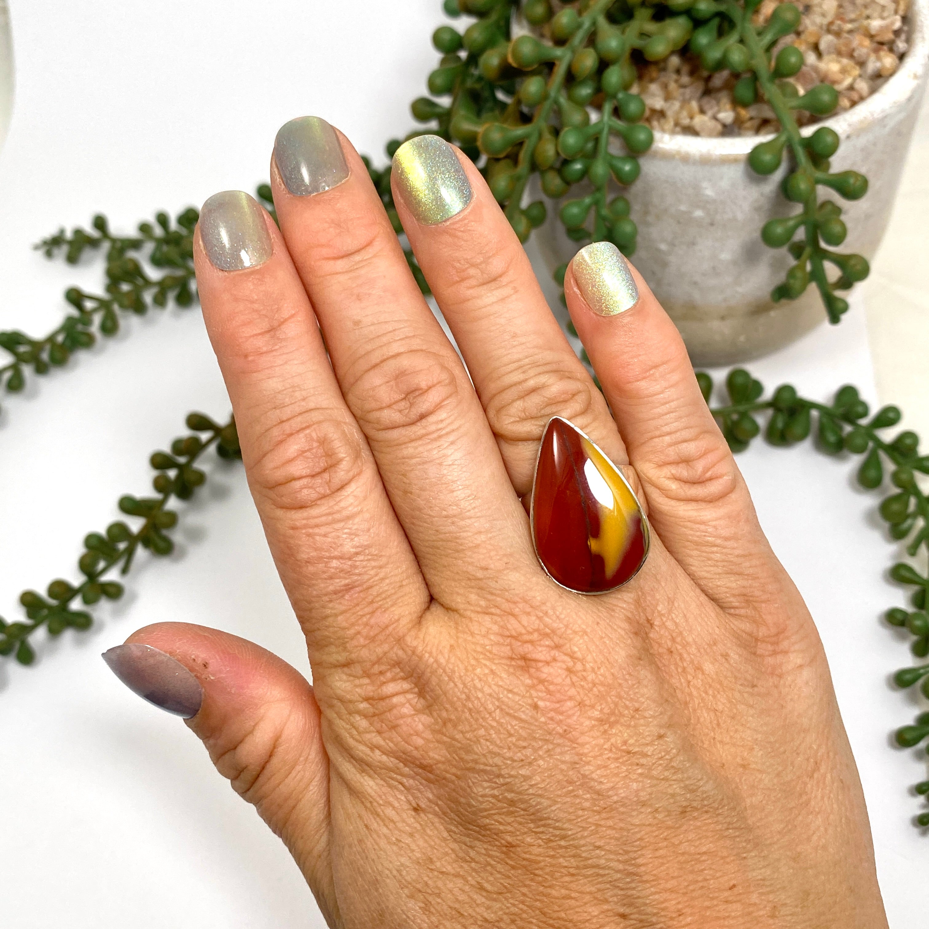 Natural Mookaite Teardrop Cabochon Sterling Silver Ring Size 7 - KRGJ3390 | Handmade Jewelry for Women, Boho Chic Accessory, Gift for Her, Perfect for Everyday Wear & Special Occasions