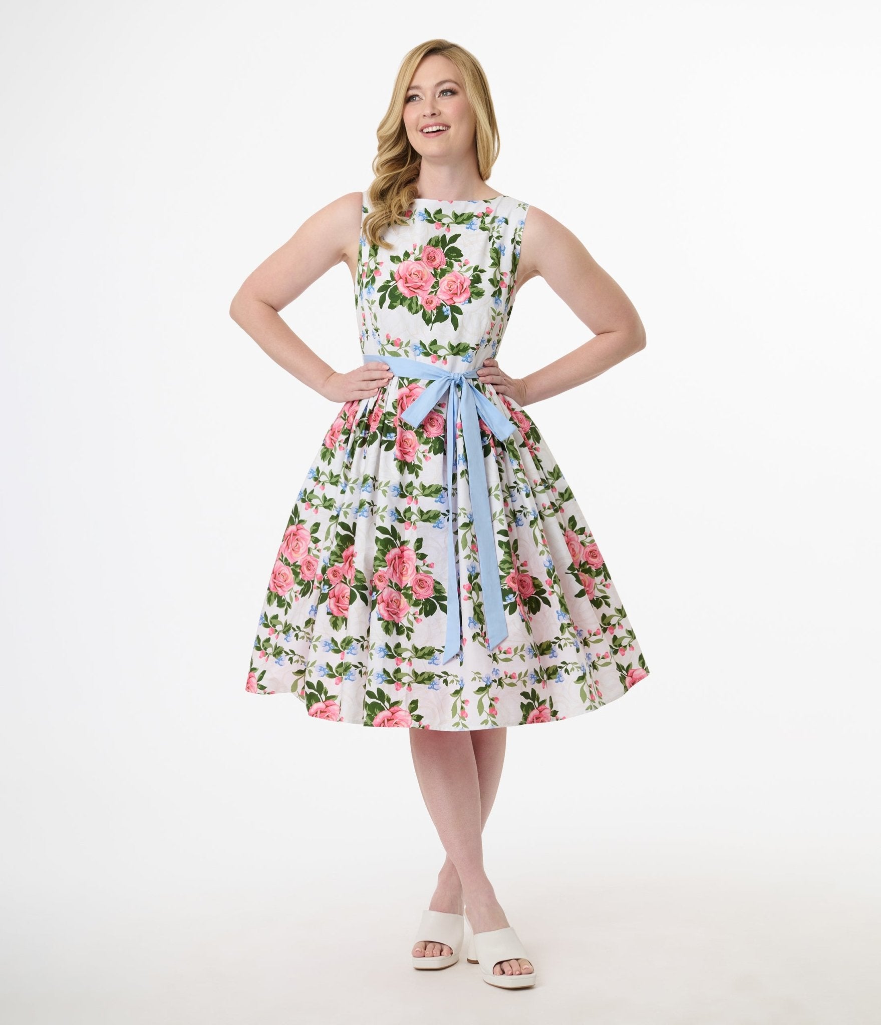 Vintage 1950s White & Pink Rose Floral Swing Dress - Sleeveless Cotton Summer Dress for Women - Perfect for Garden Parties, Tea Dates & Retro Fashion Events