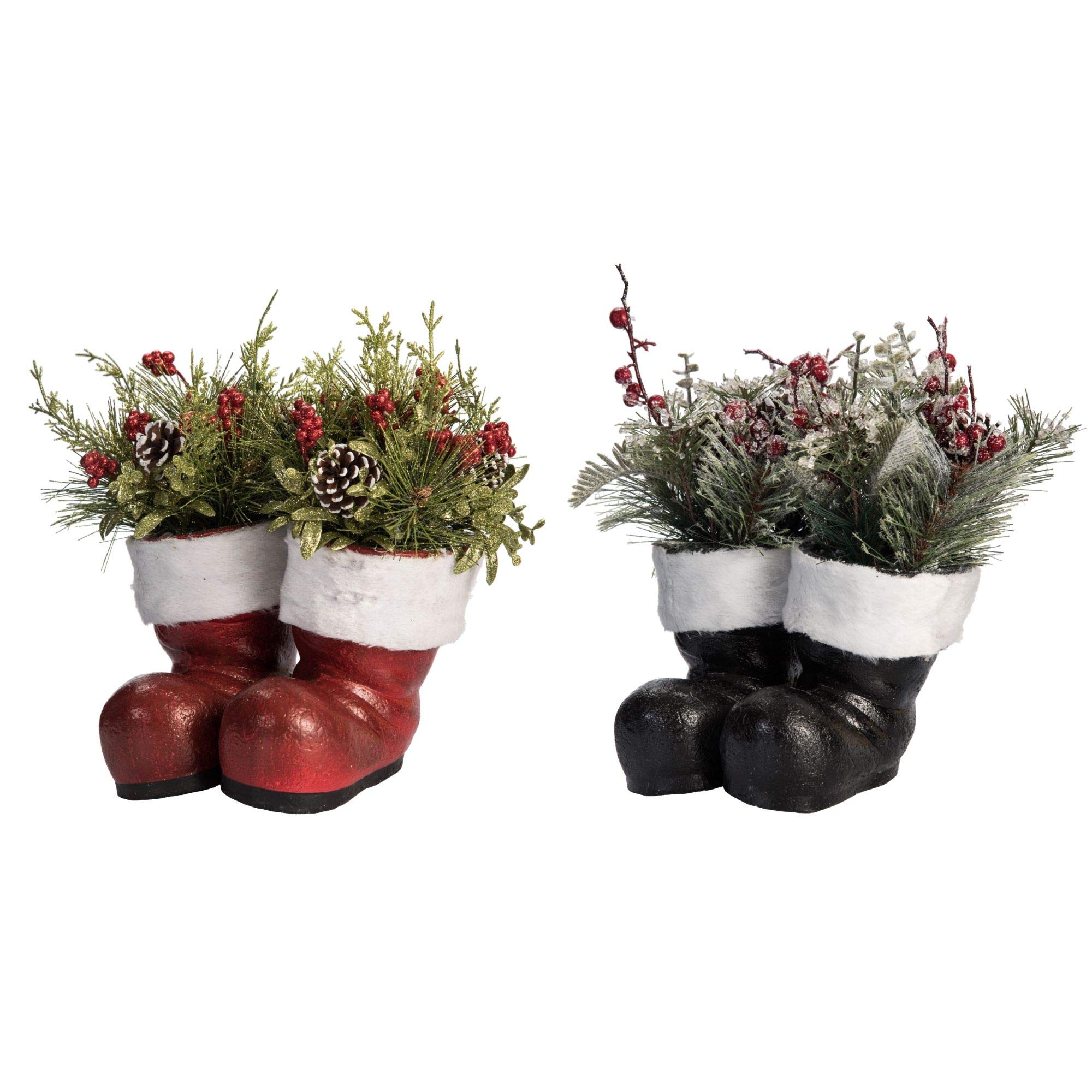 Set of 2 Multicolor Christmas Floral Boot Planters - 10 Inch Modern Home Decor for Holiday Table Centerpiece, Mantel Display & Festive Indoor/Outdoor Decorations