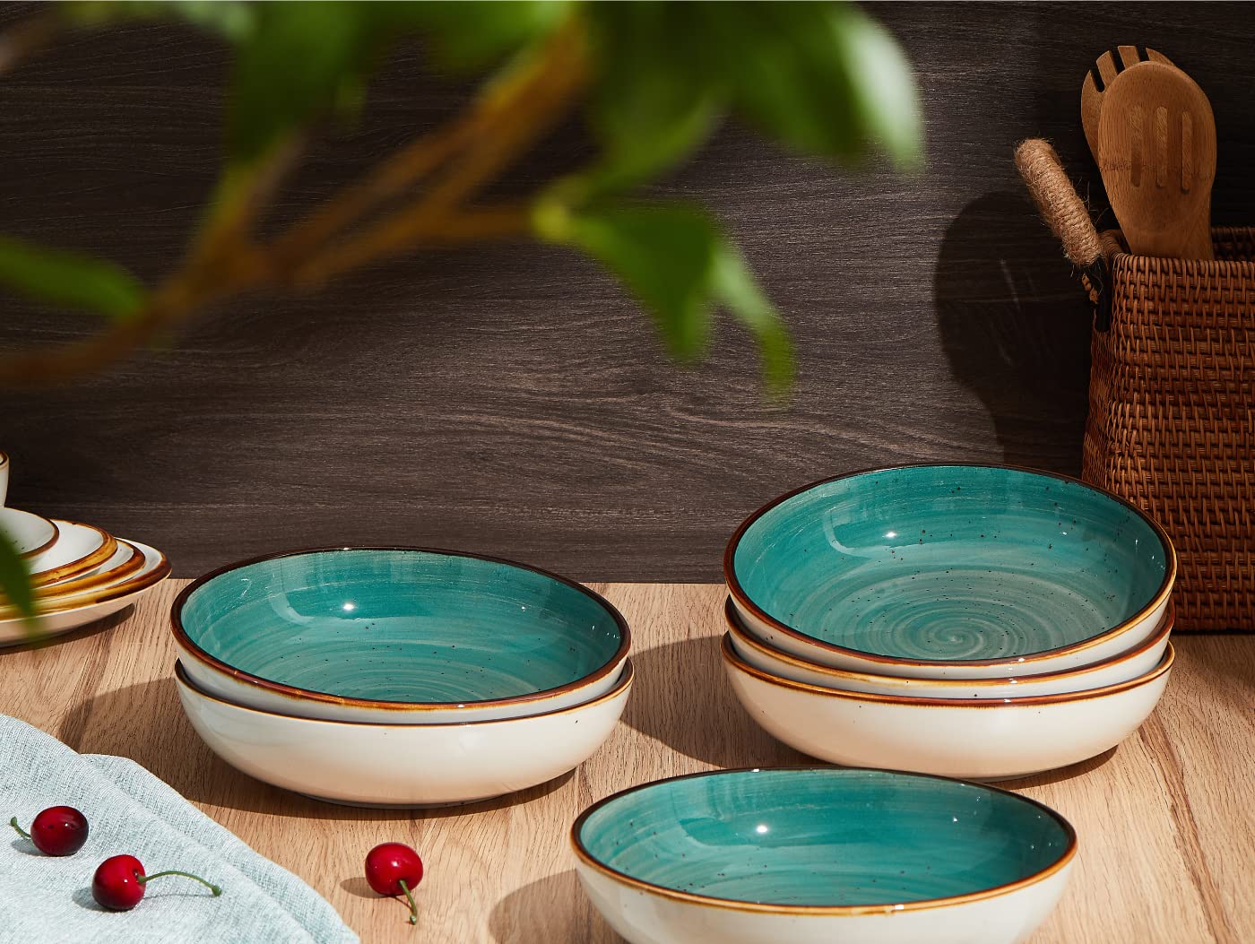 ONEMORE 10.5 Inch Ceramic Dinner Plates Set with 30oz Salad Bowls - Microwave, Oven & Dishwasher Safe - Durable Teal Blue Tableware for Everyday Dining, Parties & Restaurant Use