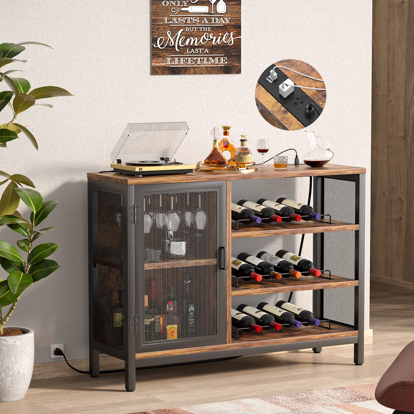 Homieasy Industrial Wine Bar Cabinet with Power Outlets - Farmhouse Coffee & Liquor Storage with Removable Wine Racks & Glass Display - Rustic Brown Bar Cabinet for Kitchen, Dining Room or Home Bar Setup