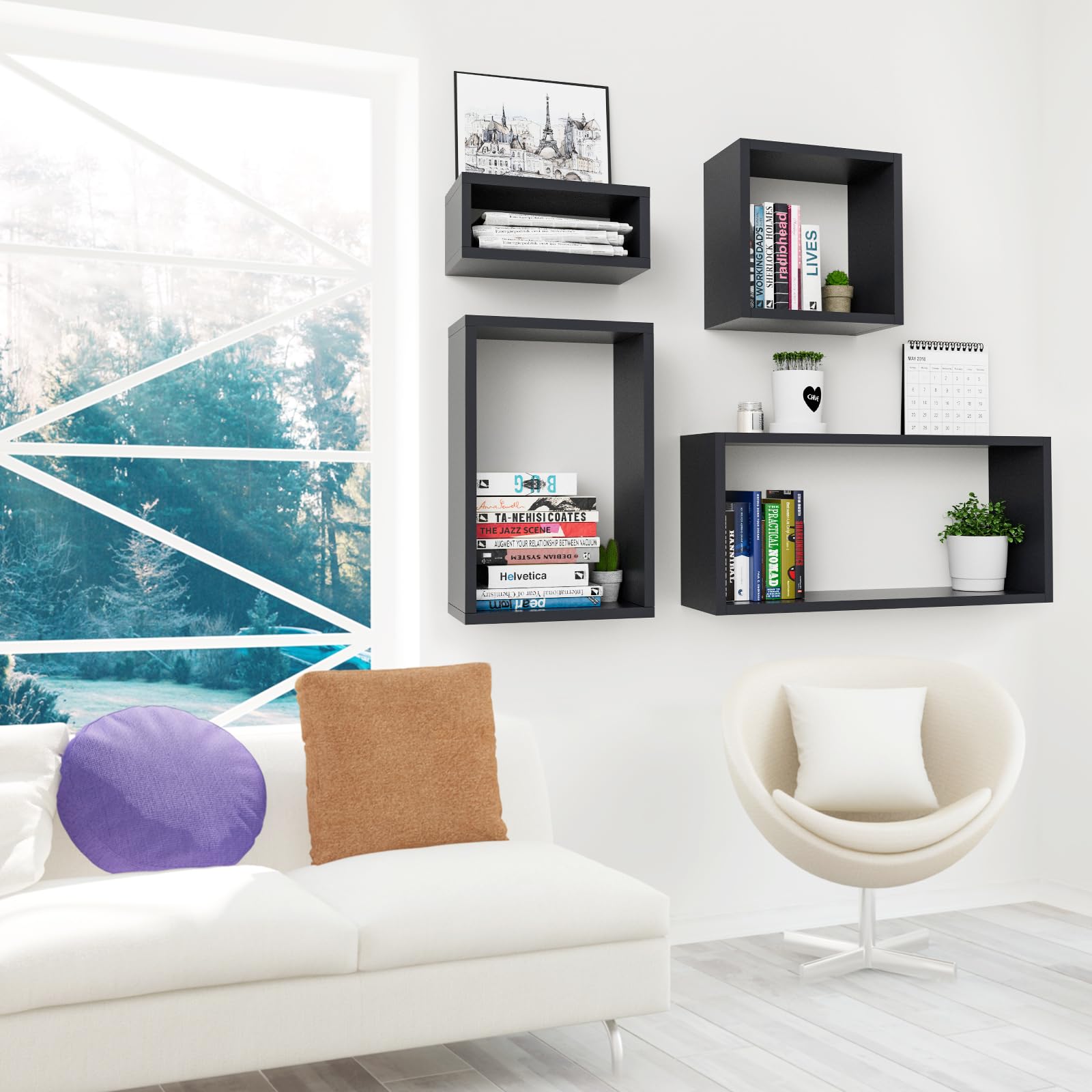 Kaboon 4-Pack Floating Cube Wall Shelves Set - Large Black Wall Mount Shelves for Home & Office Organization - Perfect for Living Room, Bedroom, Kitchen Storage & Display