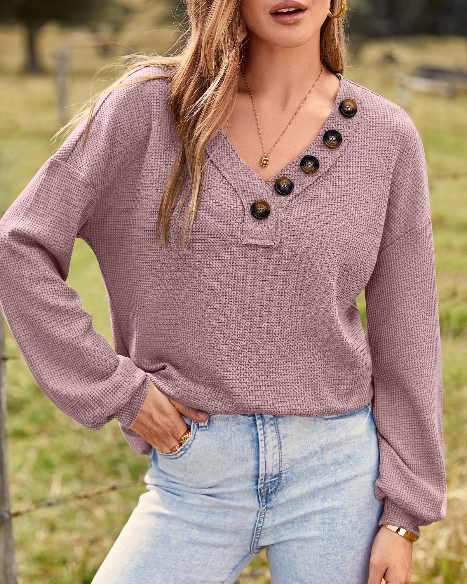 BTFBM Women's Long Sleeve V-Neck Blouse - 2025 Fall Fashion Loose Casual Pullover Top with Deco Buttons & Lightweight Waffle Knit Fabric | Perfect for Work, Date Night & Autumn Layering