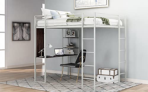 RUNNA Twin Metal Loft Bed for Kids & Teens with Built-in Desk & 2 Shelves - Space-Saving Silver Loft Bed for Small Rooms - Perfect for Dorms, Bedrooms & Studio Apartments