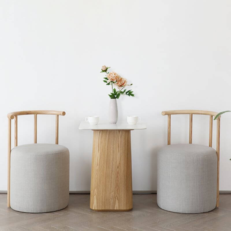 Minimalist Solid Color Upholstered Drum Stool with Back - Natural Wood Finish Accent Stool for Living Room, Bedroom & Office Decor