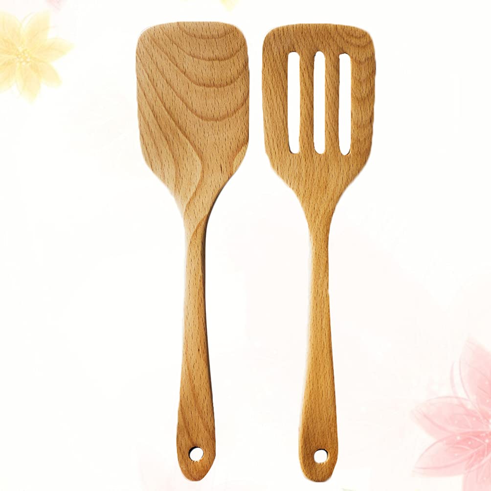2-Pack Hemoton Wooden Cooking Utensils - Natural Bamboo Spatula Set for Non-Stick Pans & Woks - Wooden Mixing Spoon & Long Handle Kitchen Tools - Perfect for Baking, Frying & Stir-Frying