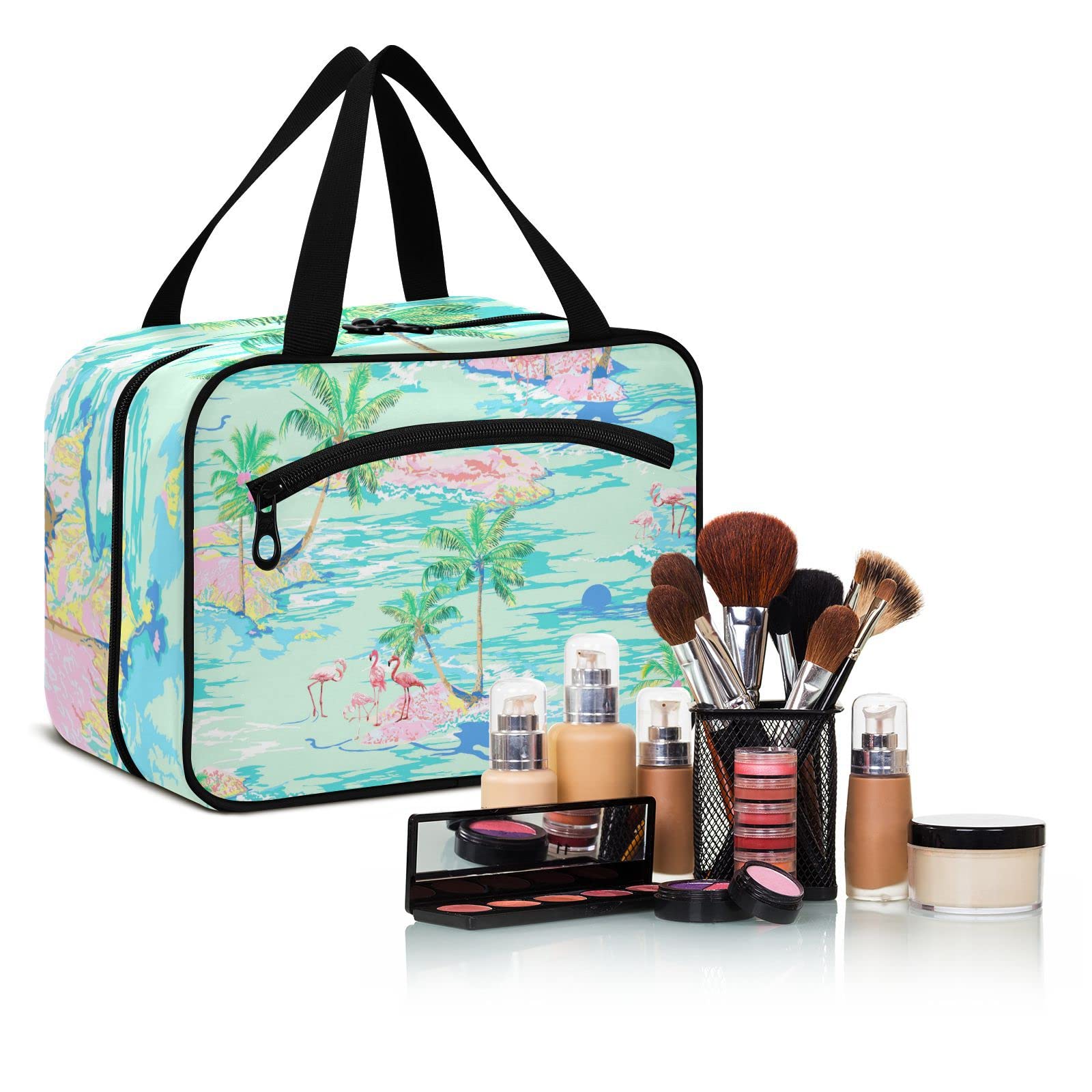 Flamingo Island Large Travel Toiletry Bag for Women - Waterproof Hanging Cosmetic Organizer with Multiple Pockets | Perfect for Vacation, Gym, Camping & Business Trips