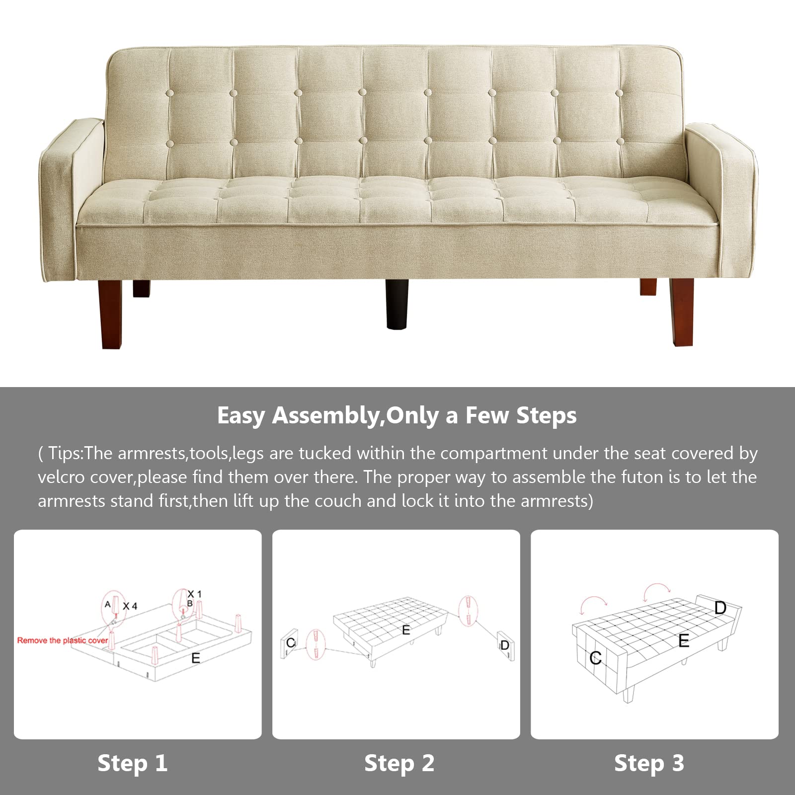 Setawix 3-Seater Linen Futon Sofa Bed - Convertible Sleeper with Button Tufted Design & Reclining Arms for Living Room, Bedroom, Apartment - Perfect for Small Spaces & Guest Accommodation (Beige) | Modern Multi-Functional Furniture for Studio Apartments, Dorms & Cozy Home Decor