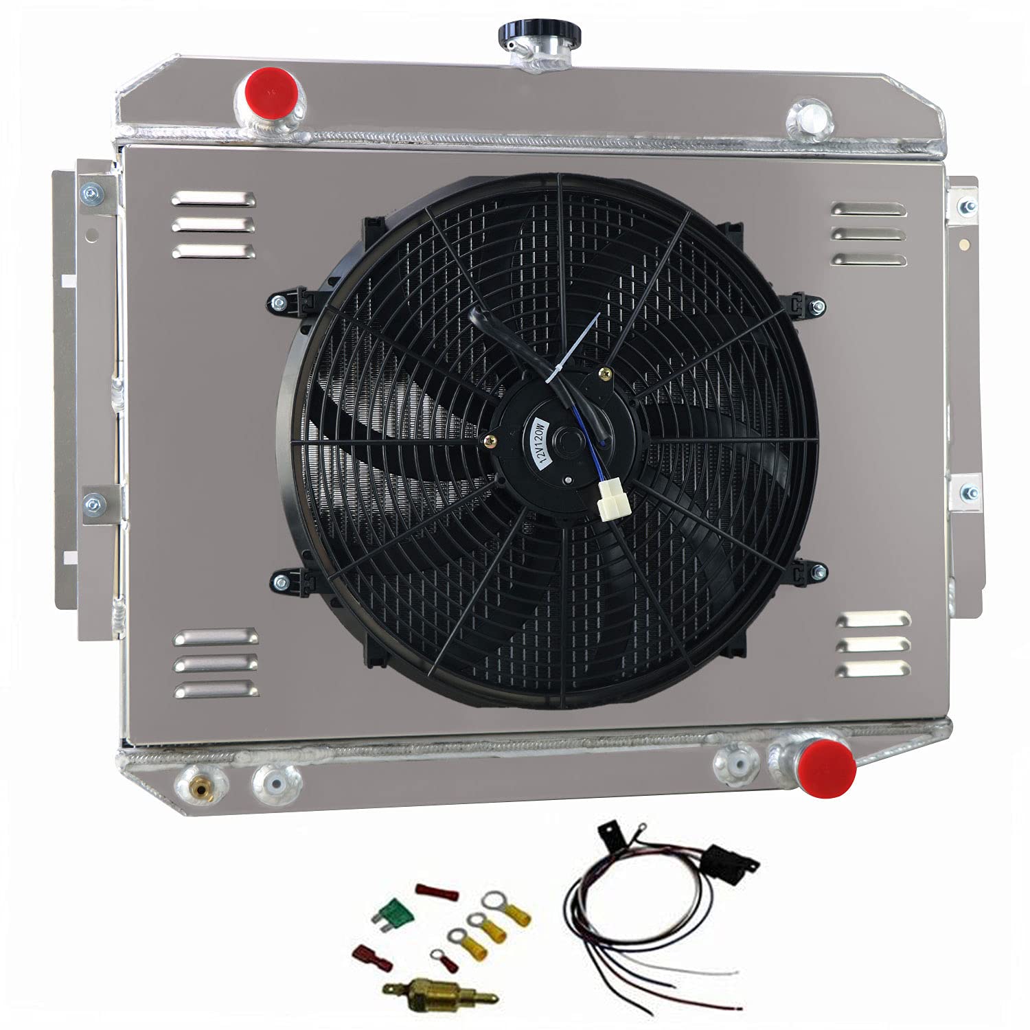3 Row Aluminum Radiator with Shroud Fan & Relay Kit - Compatible for 1971-1979 Dodge B/D/W Series 100/200/250/300 Vans - Perfect for Engine Cooling & Off-Road Adventures
