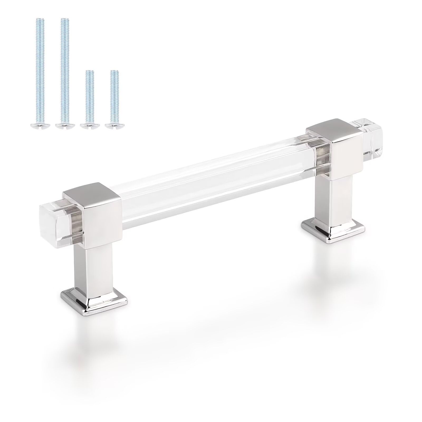 30 Pack Square Acrylic Cabinet Pulls - 3-3/4 Inch Adjustable Hole Center Kitchen Handles, Polished Chrome Zinc Alloy Drawer Pulls for Bedroom, Bathroom & Cabinet - Perfect for Modern Home Renovation and Furniture Upgrade