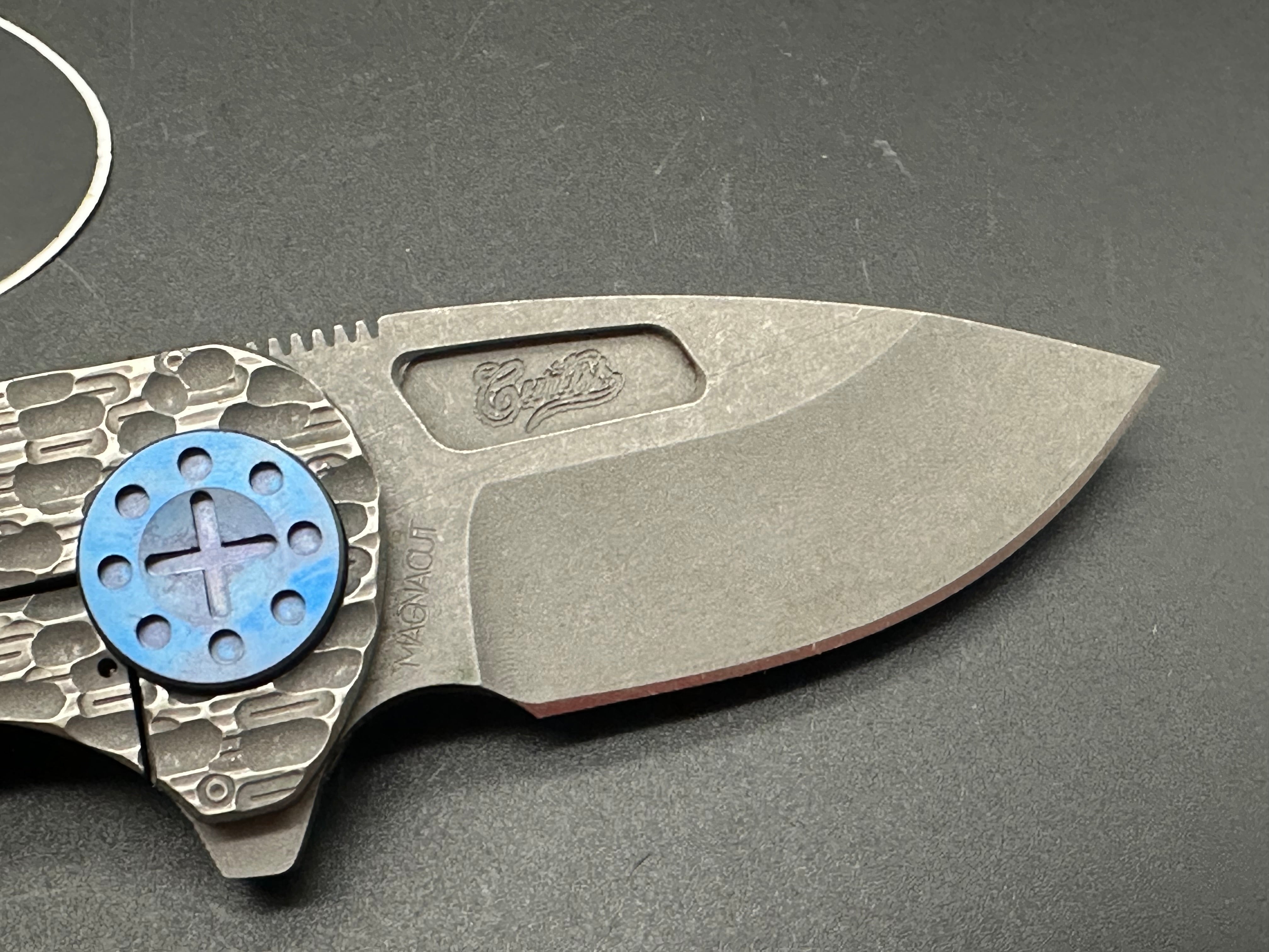 Curtiss Custom Knives F3 Compact Slicer Flipper - PM Mill Titanium Handle, Magnacut Steel Blade (Stonewashed Finish, Blue) - EDC Pocket Knife for Outdoor, Camping & Everyday Carry