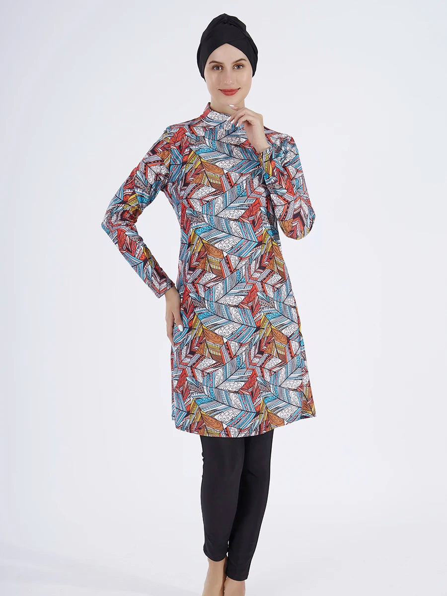 3PCS Women's Printed Hijab Long Sleeve Burkini Swimwear Set - Modest Swimwear for Muslim Women - Perfect for Beach, Pool & Water Sports