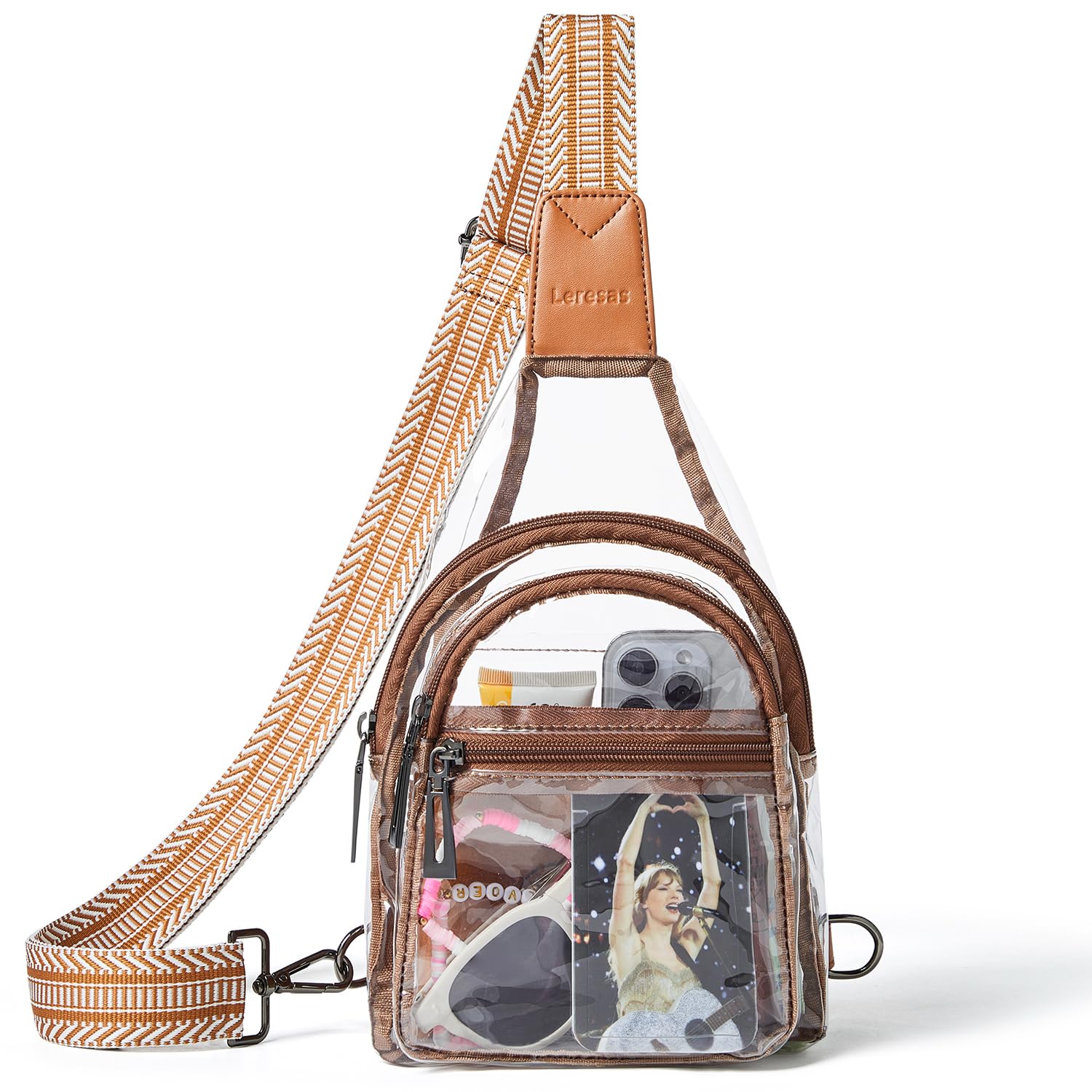 Leresas Clear Sling Bag - Stadium Approved Transparent Crossbody Purse for Women & Men - Lightweight Clear Backpack Fanny Pack for Concerts, Sports Events & Travel (Brown/See-Through) - Perfect for Security Checks, Theme Parks & Outdoor Adventures