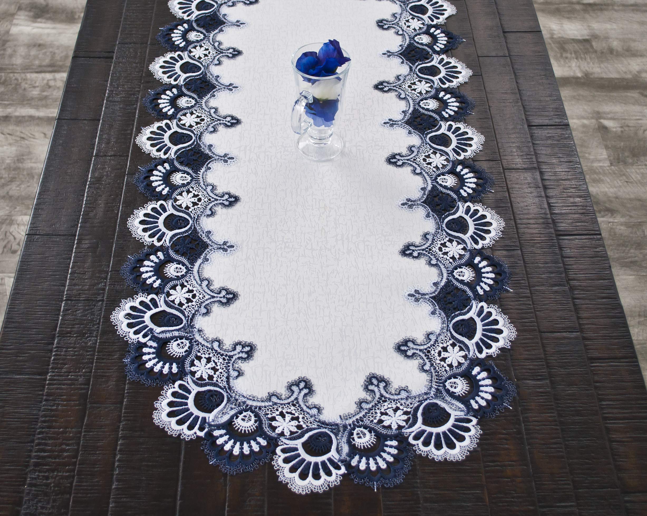 White Navy Blue Jacquard Peacock Tail Lace Dresser Scarf - Elegant Table Runner for Coffee Table, Dining Table, or Dresser (16x35 Inches) - Perfect for Home Decor, Weddings & Special Occasions