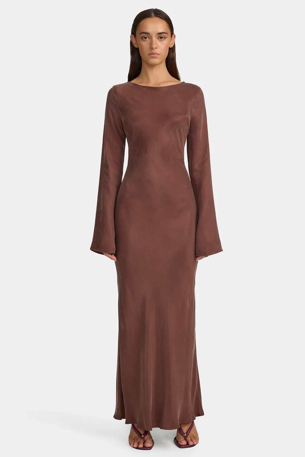 Marcella Mocha Cupro Long Sleeve Maxi Dress for Women - Elegant Boho Style for Weddings, Parties & Special Occasions