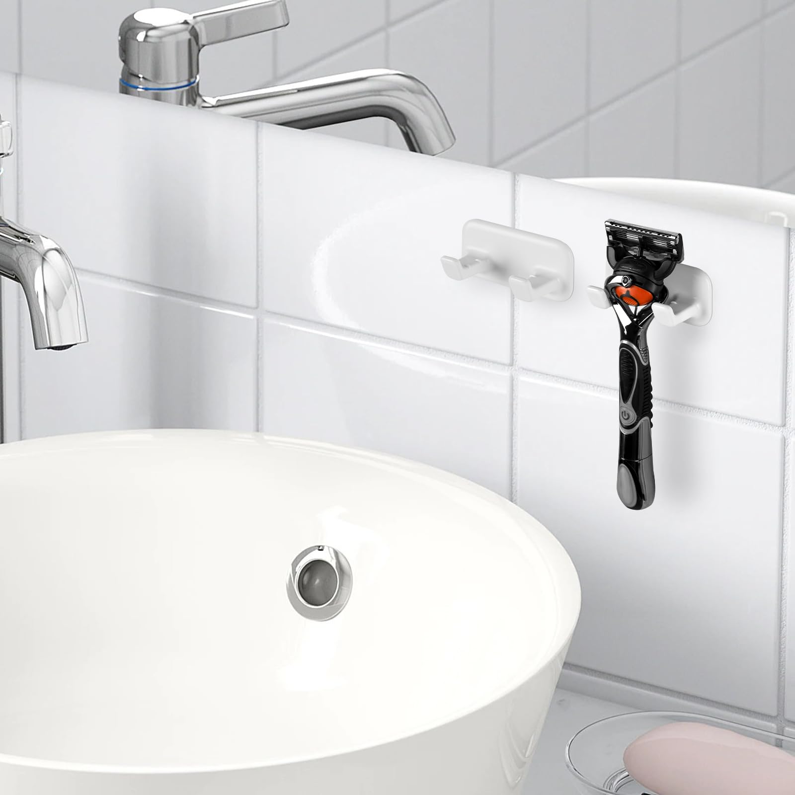 2 Pack Self-Adhesive Razor Holder & Shower Hook - Bathroom Organizer for Gillette Fusion 5, Sensor 3 Razors, Robes, Towels & Loofahs - Space Saving Shower Accessory for Small Bathrooms (White)
