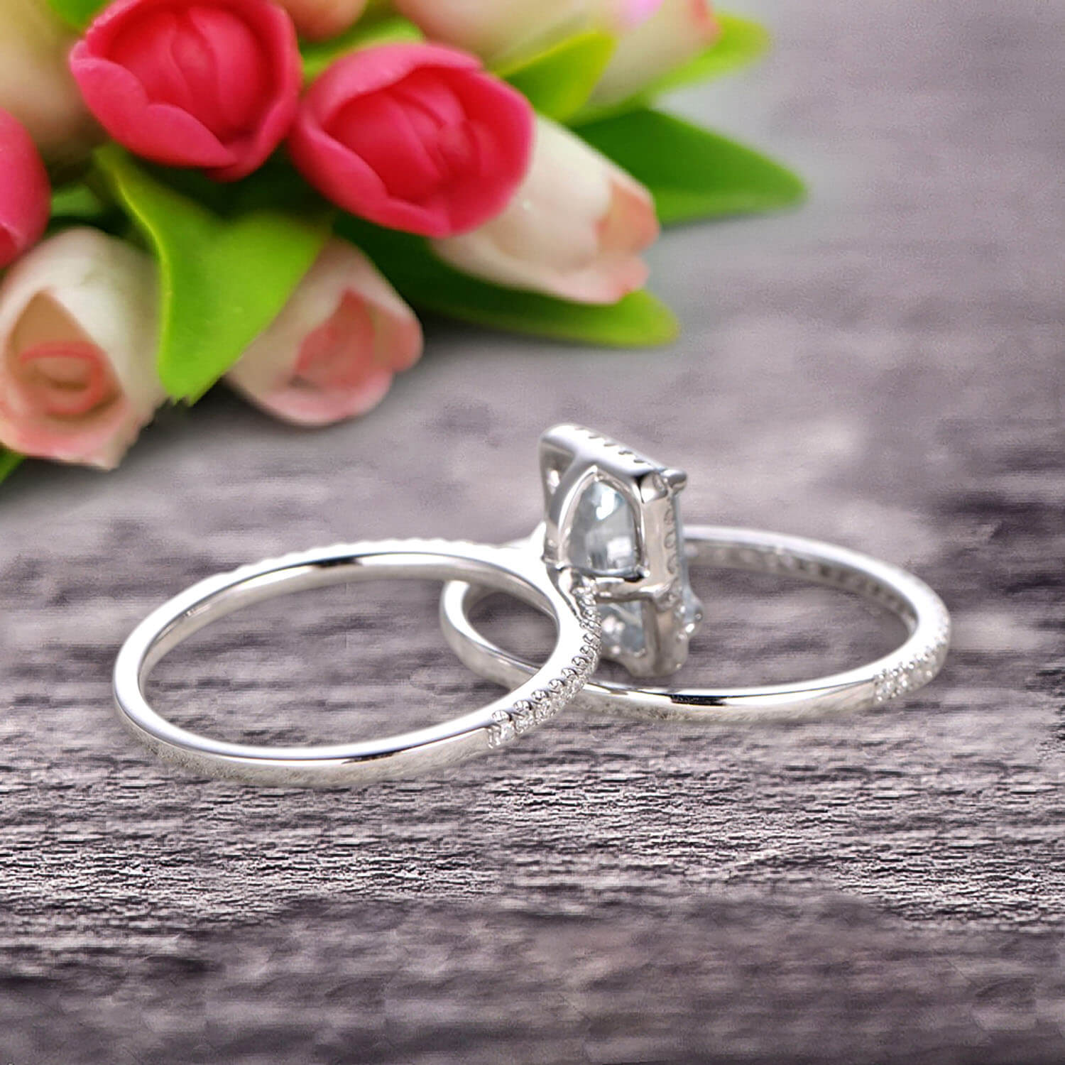 1.75 Carat Emerald Cut Aquamarine Engagement Ring & Wedding Band Set in 10K White Gold – Perfect for Bridal Jewelry, Anniversary Gifts & Special Occasions
