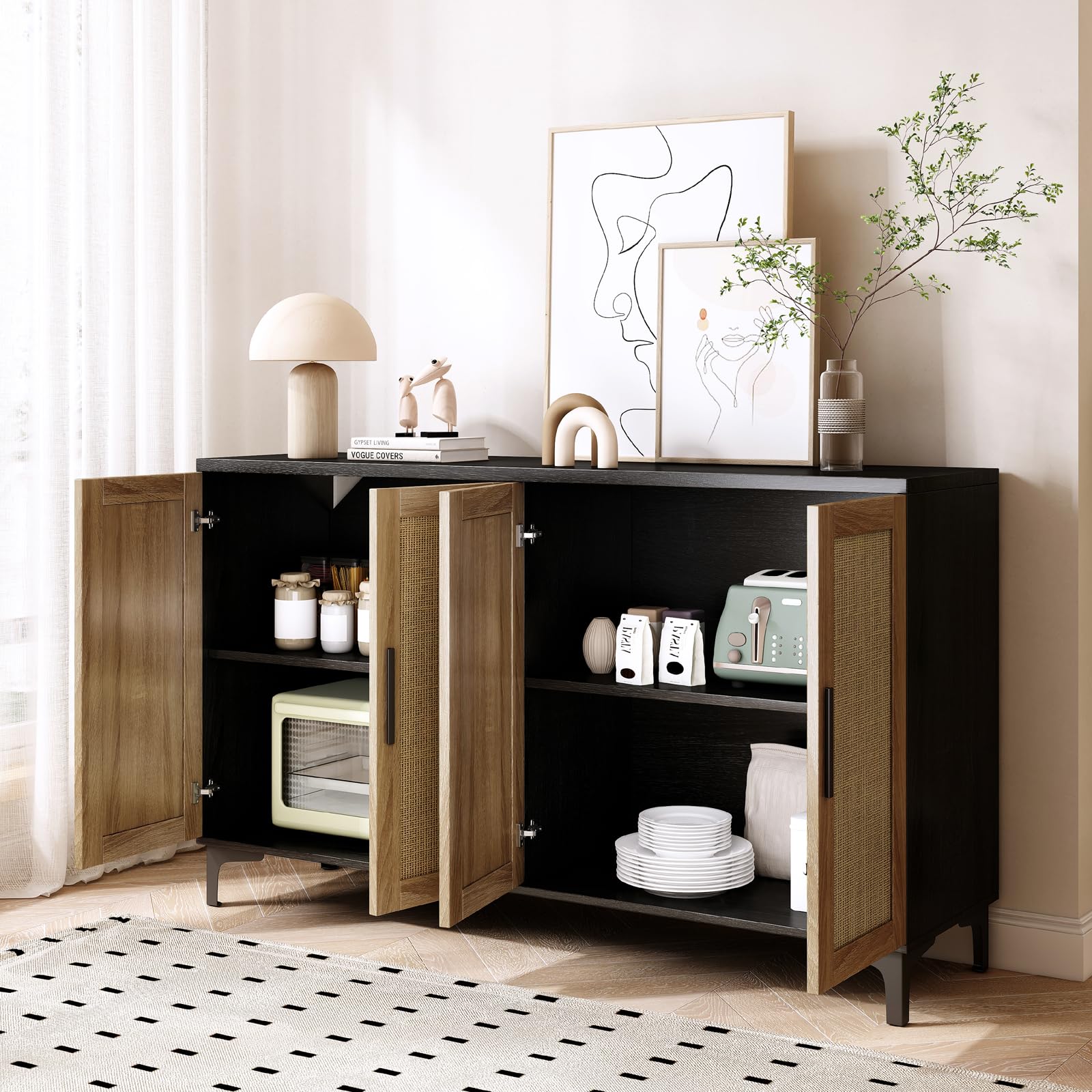 Rattan Sideboard Buffet Cabinet with Doors & Adjustable Shelves - Kitchen Storage Cabinet, Coffee Bar Console Table for Dining Room & Entryway - Black | Perfect for Small Space Organization & Home Decor