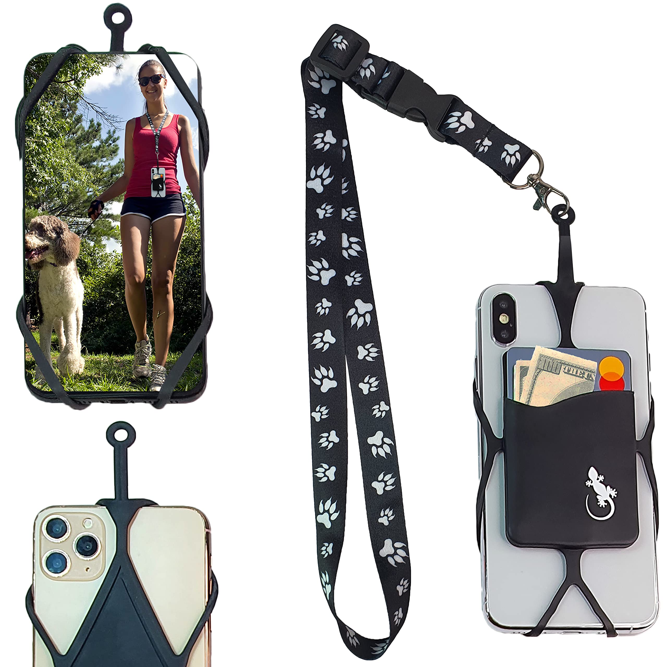 Gecko Travel Tech Lanyard Phone Holder - Universal Neck Strap with Silicone Pocket for iPhone, Samsung & Smartphones (Cat Paw Design, Black) - Perfect for Travel, Work, Concerts & Outdoor Activities