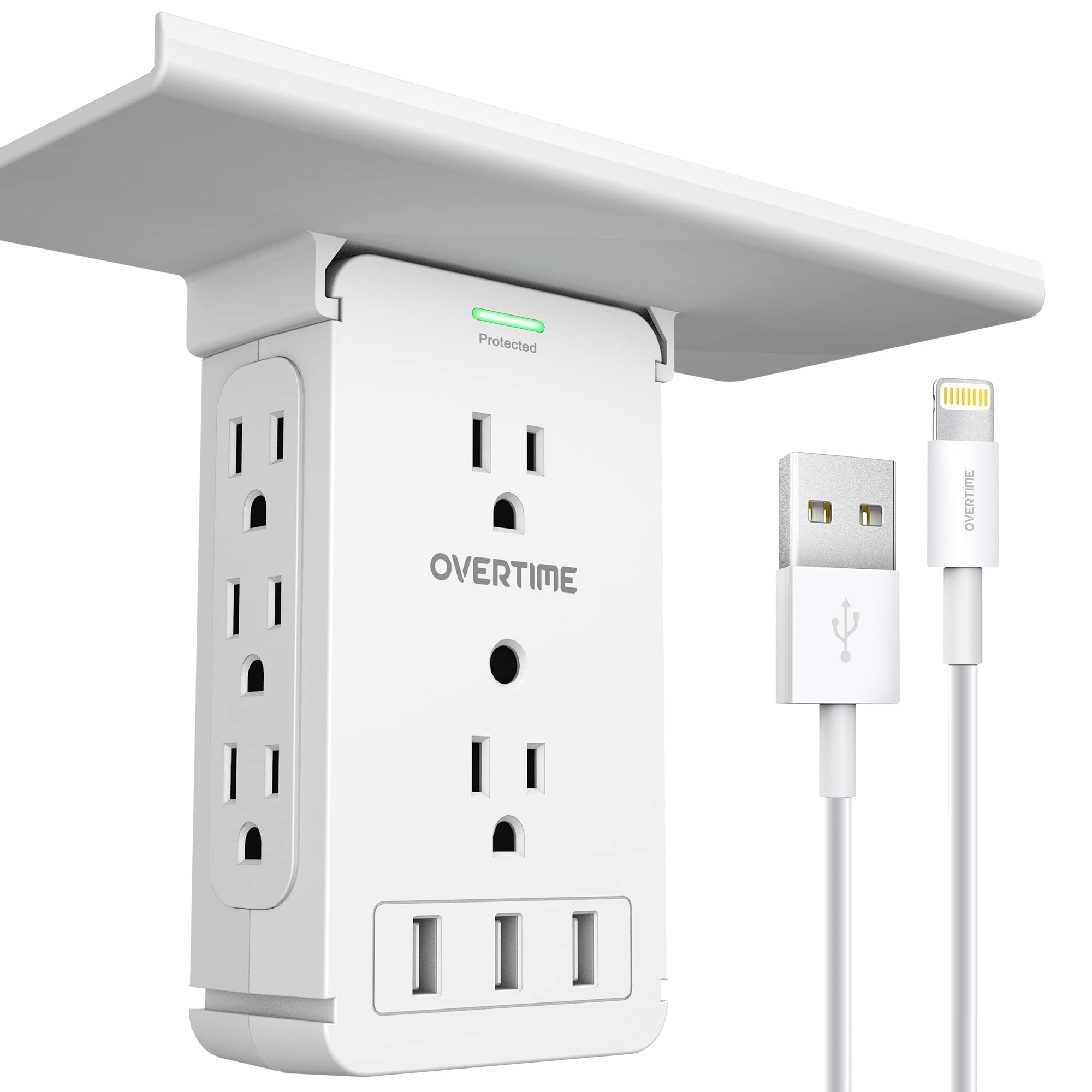 Wall Outlet Shelf Extender with 8 AC Outlets & 3 USB Ports - 6ft MFi Certified Lightning Cable Included - White | Space-Saving Power Strip for Bedroom, Office & Travel Charging Station