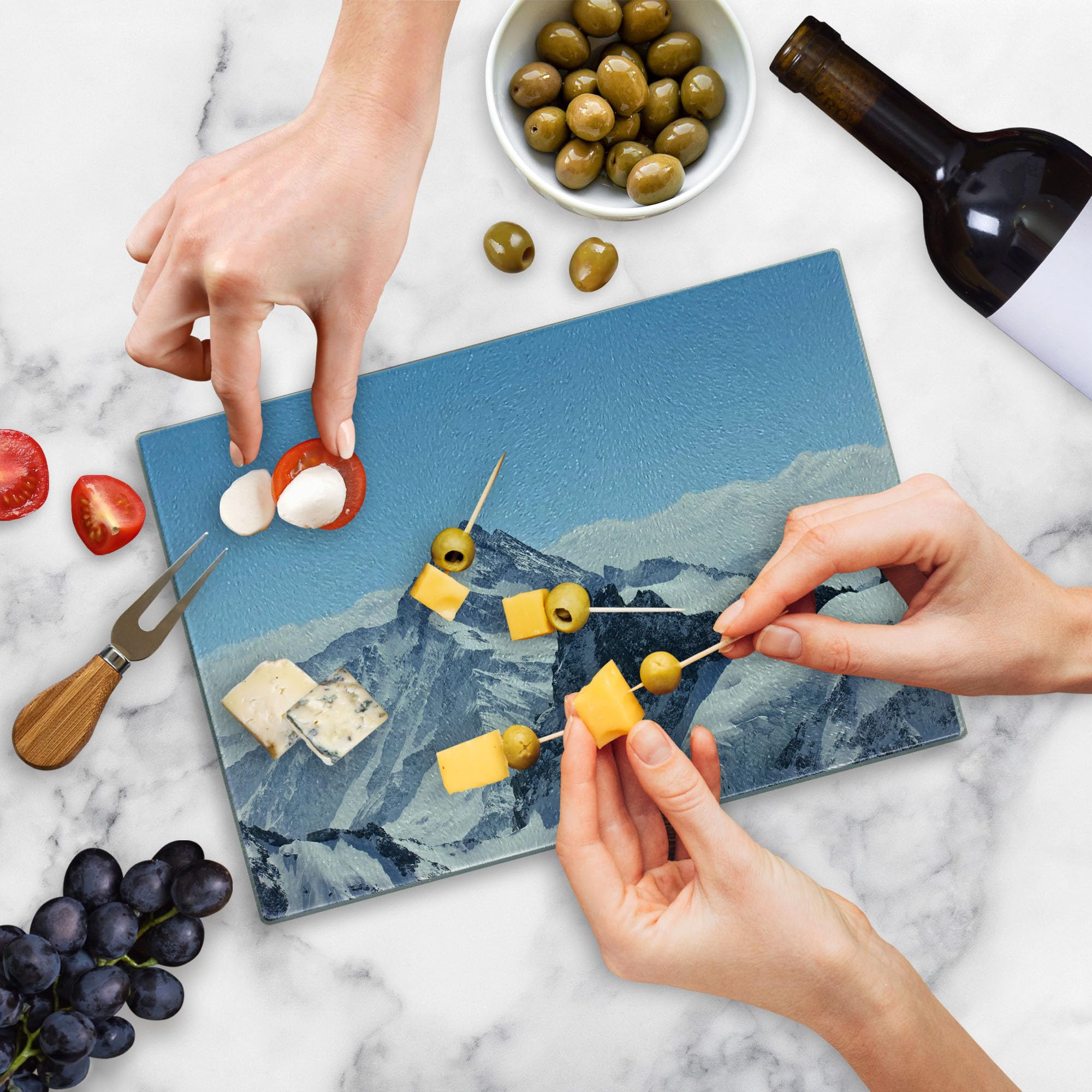 Ambesonne Winter Themed Tempered Glass Cutting Board - Snowy Rocky Mountain Peaks Landscape Design - Blue and White Decorative Serving Board for Cheese, Charcuterie & Entertaining - Small Size Kitchen Gift Idea
