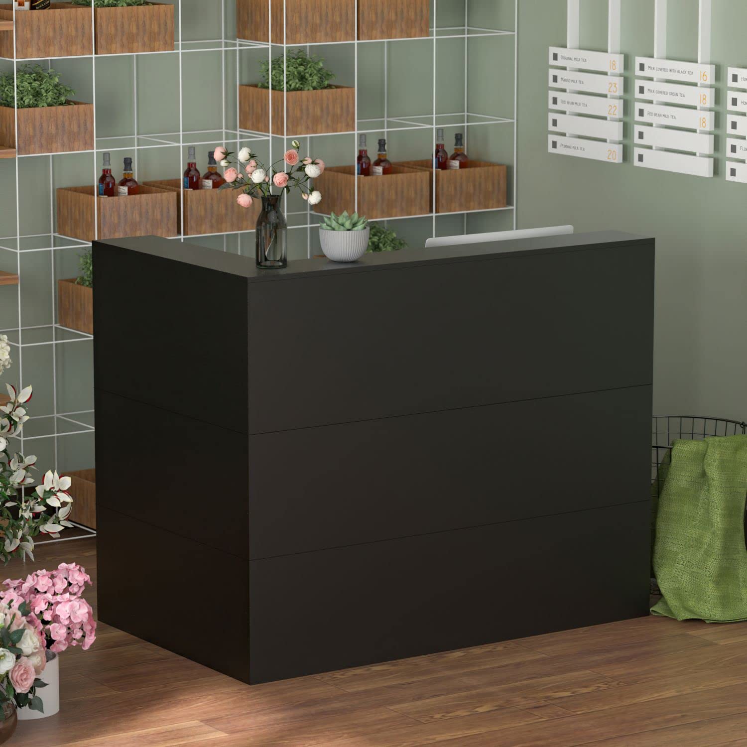 Modern Reception Counter with Large Storage Shelves & Drawers - Black | Retail Front Desk for Office, Hotel, or Clinic Reception Area
