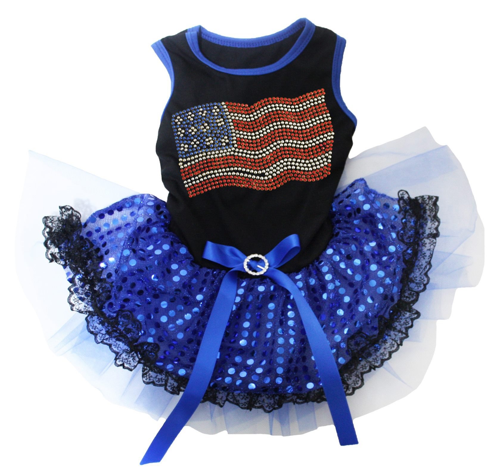 Petitebella Rhinestone American Flag Puppy Dog Dress - Black/Blue Sequins Lace XXL for Small Dogs | Patriotic Pet Costume for 4th of July, Memorial Day & National Holidays