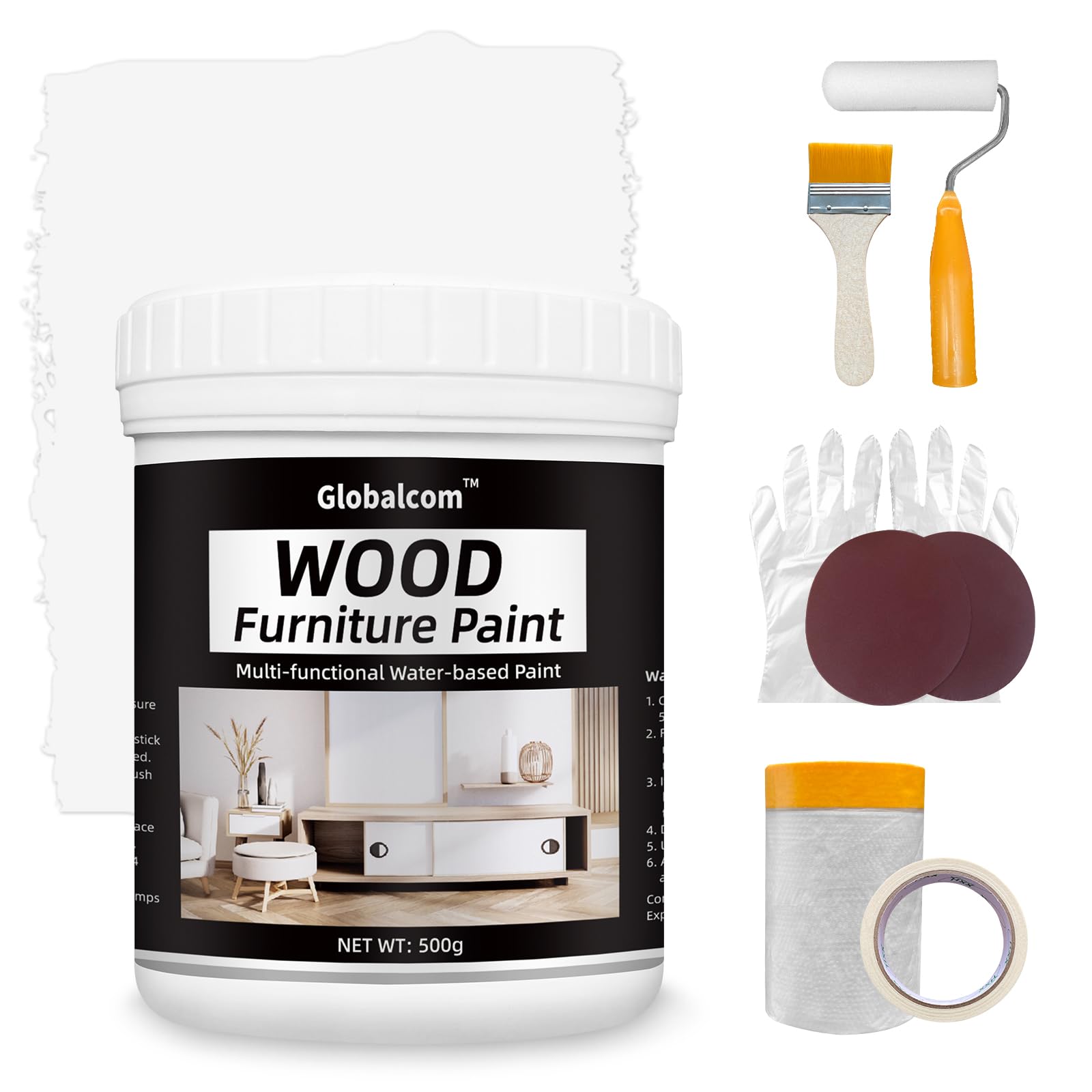 Globalcom Acrylic Wood Paint for Furniture - Non-Toxic Water-Based Chalk Style Paint for Wood Surface Renovation & Home Decor (17 oz, White) - Perfect for DIY Projects, Cabinets, Tables, and Crafting