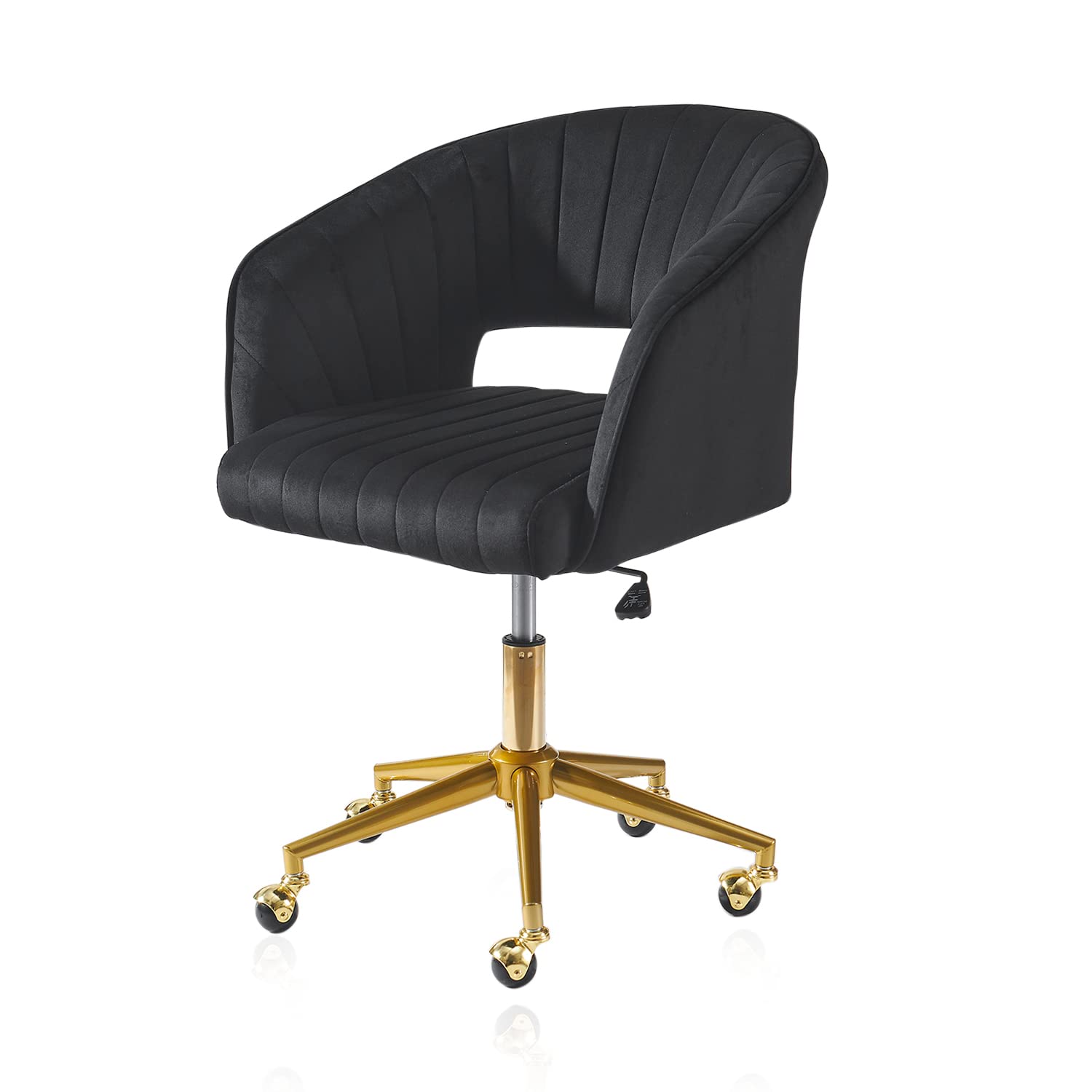 Kiztir Velvet Home Office Chair with Gold Base - Modern Swivel Desk Chair with Round Solid Wheels & Adjustable Height - Ergonomic Computer Chair for Study, Living Room, Bedroom - Perfect for Remote Work & Home Decor (Black)