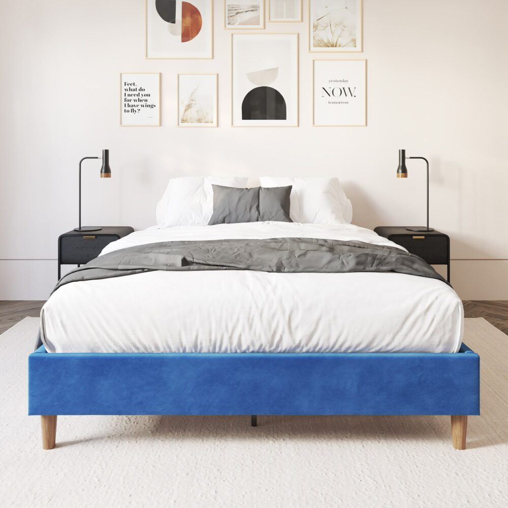Alexandra Velvet Blue Single Bed Base - Modern Platform Bed Frame for Small Spaces, Kids & Guest Rooms | Durable & Stylish Bed Base for Home & Apartments