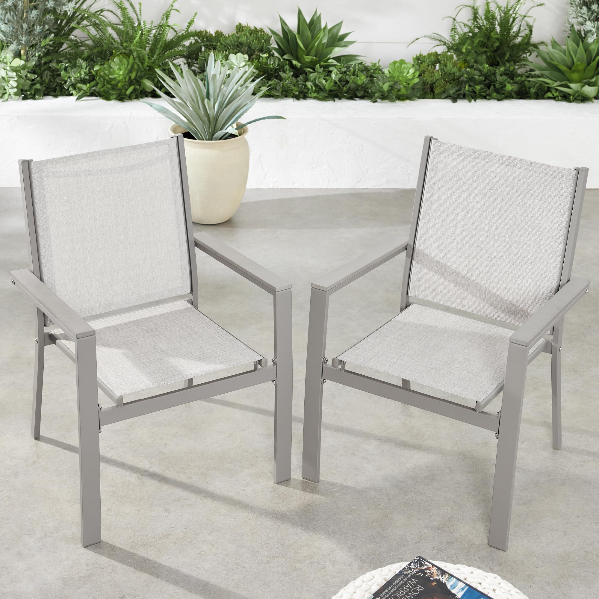 Best Choice Products Set of 2 Stackable Textilene Outdoor Chairs - All-Weather, Gray Conversation & Dining Furniture with Armrests - Perfect for Patio, Poolside, Garden or Backyard Relaxation