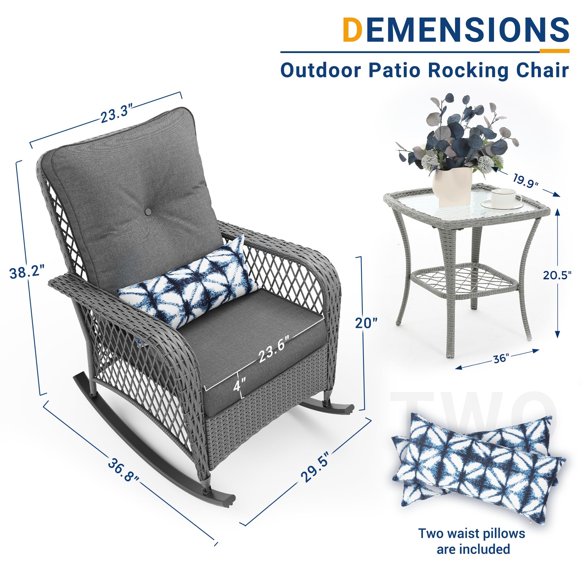 UDPATIO 3-Piece Wicker Outdoor Rocking Chair Set with 2 Rockers & Side Table - 4